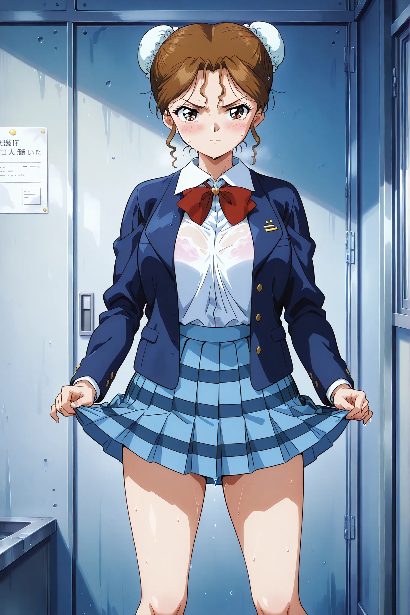 1girl,solo,masterpiece,best quality,general,sr5_akira,retro artstyle, brown eyes, brown hair, bun cover, school uniform, red bowtie, blazer, long sleeves, blue jacket, open jacket, white shirt, collared shirt, blue skirt, plaid skirt,standing,in warehouse,...