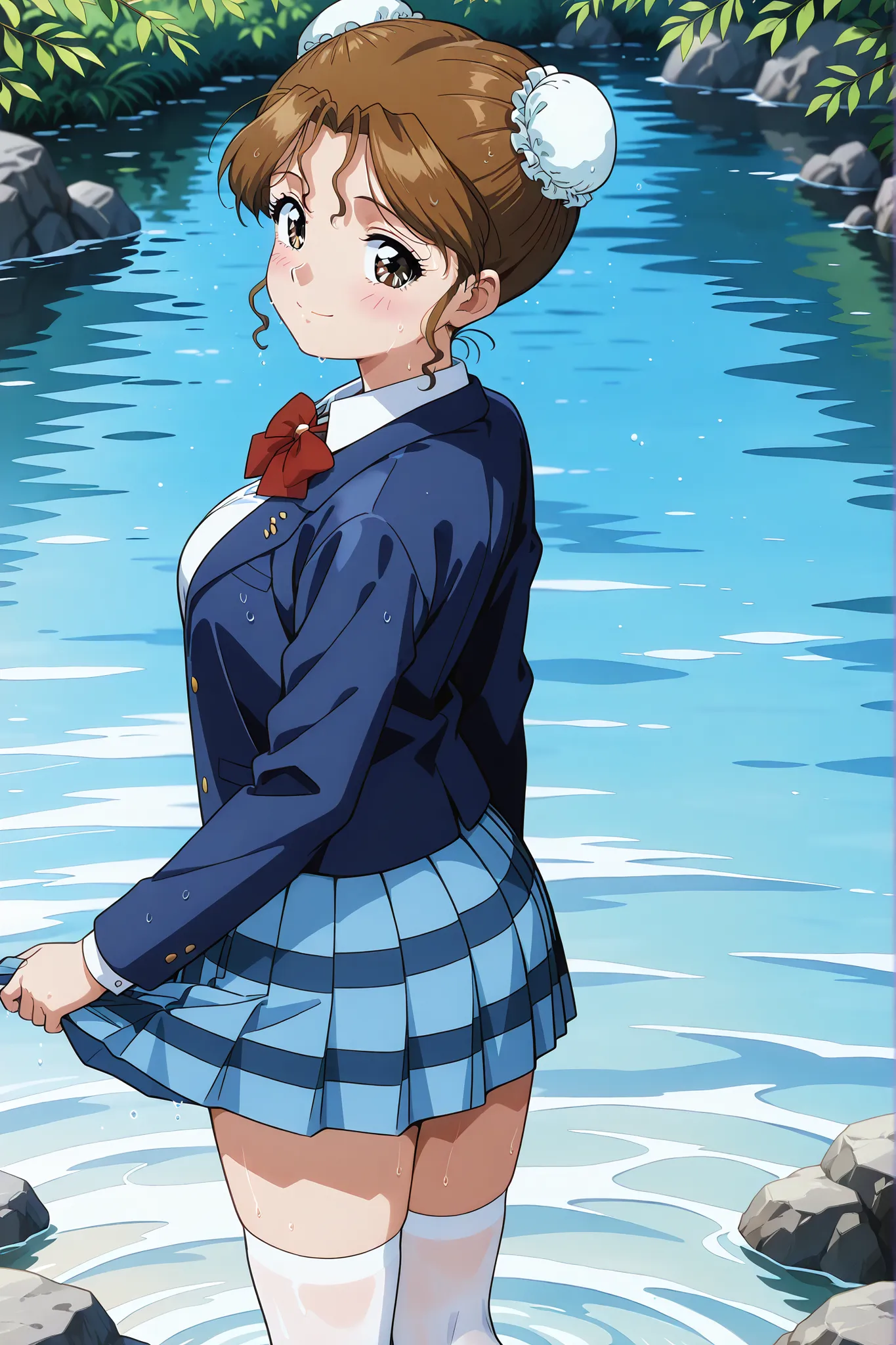 1girl,solo,masterpiece,best quality,general,sr5_akira,retro artstyle, brown eyes, brown hair, bun cover, school uniform, red bowtie, blazer, long sleeves, blue jacket, open jacket, white shirt, collared shirt, blue skirt, plaid skirt,white knee high socks,...