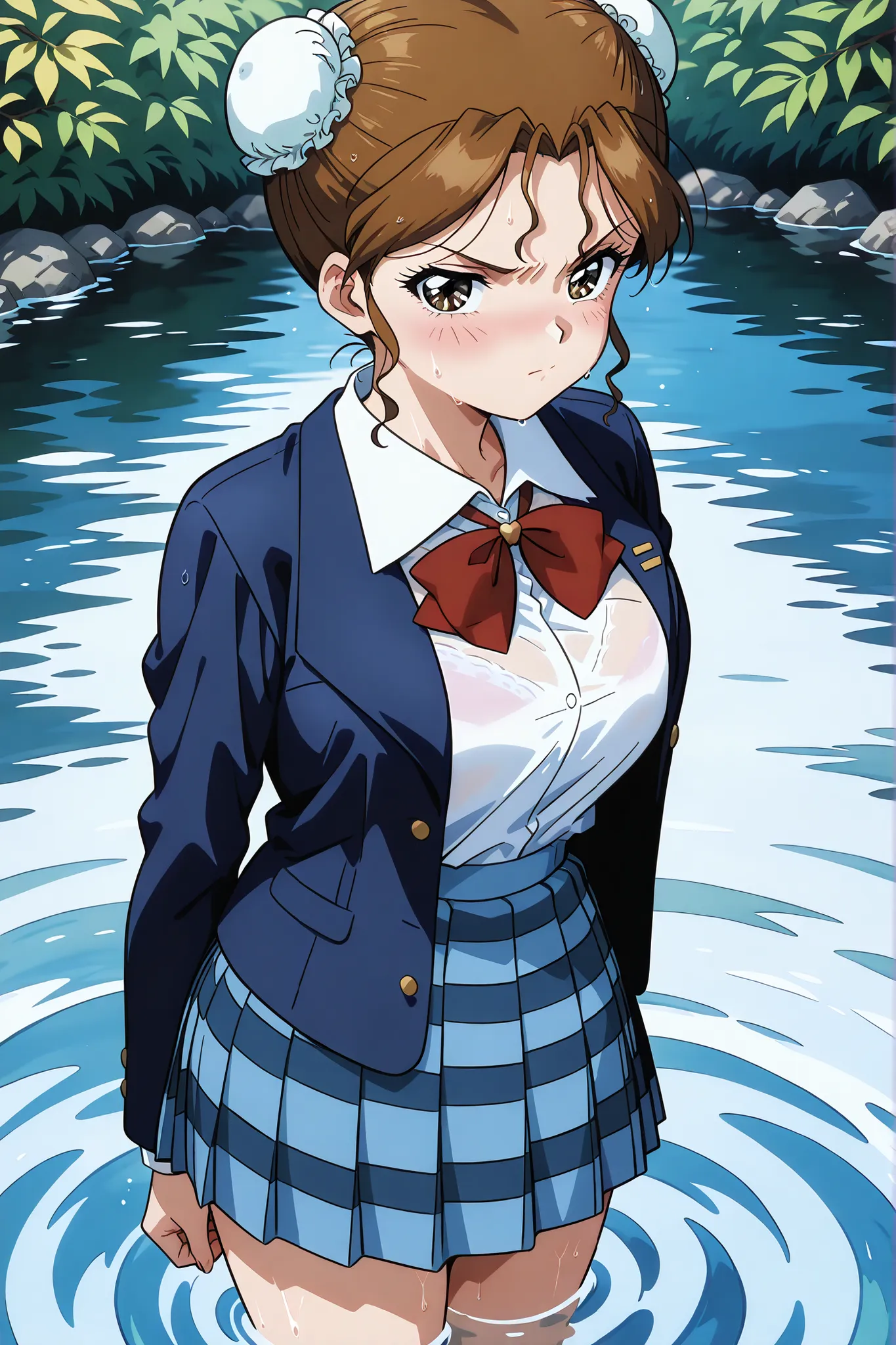 1girl,solo,masterpiece,best quality,general,sr5_akira,retro artstyle, brown eyes, brown hair, bun cover, school uniform, red bowtie, blazer, long sleeves, blue jacket, open jacket, white shirt, collared shirt, blue skirt, plaid skirt,standing,in pond,wet,s...