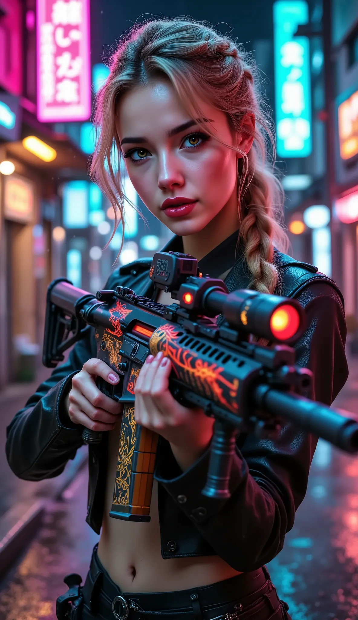  [Style: "Photorealistic, cinematic, cyberpunk"] (Key Directive: "Prioritize anatomical accuracy and material textures") { Character: "20-year-old Caucasian woman" | Face: "symmetrical, pale skin, full lips, red lipstick:1.15" | Eyes: "brown irises (hyper-...