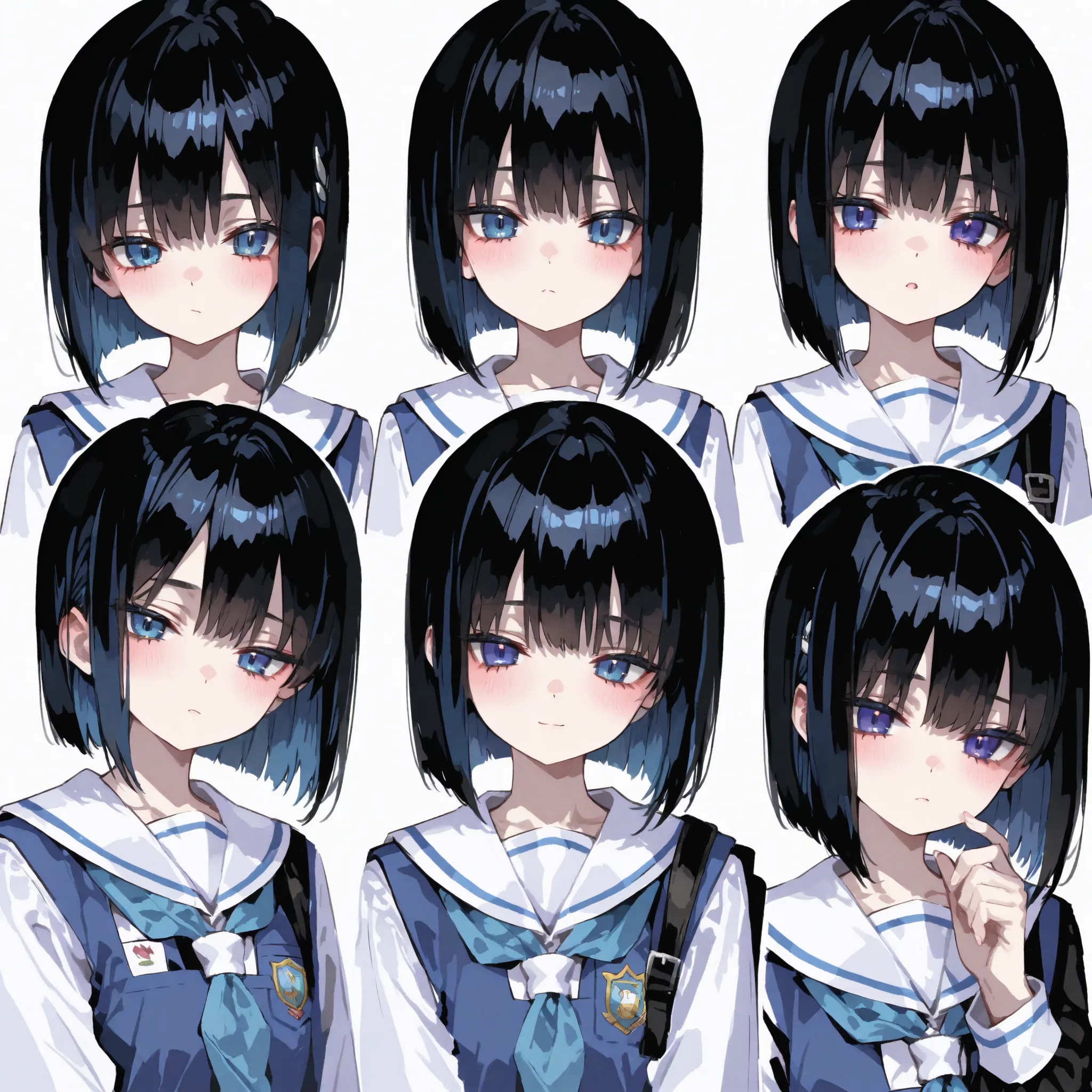 PREMIUM QUALITY,Jet black hair color、bob cut、blue eyes、nuncostume,Female middle school students、(cute junior high school anime style:1.2)、4 kinds of expressions、Super Precise Illustration、