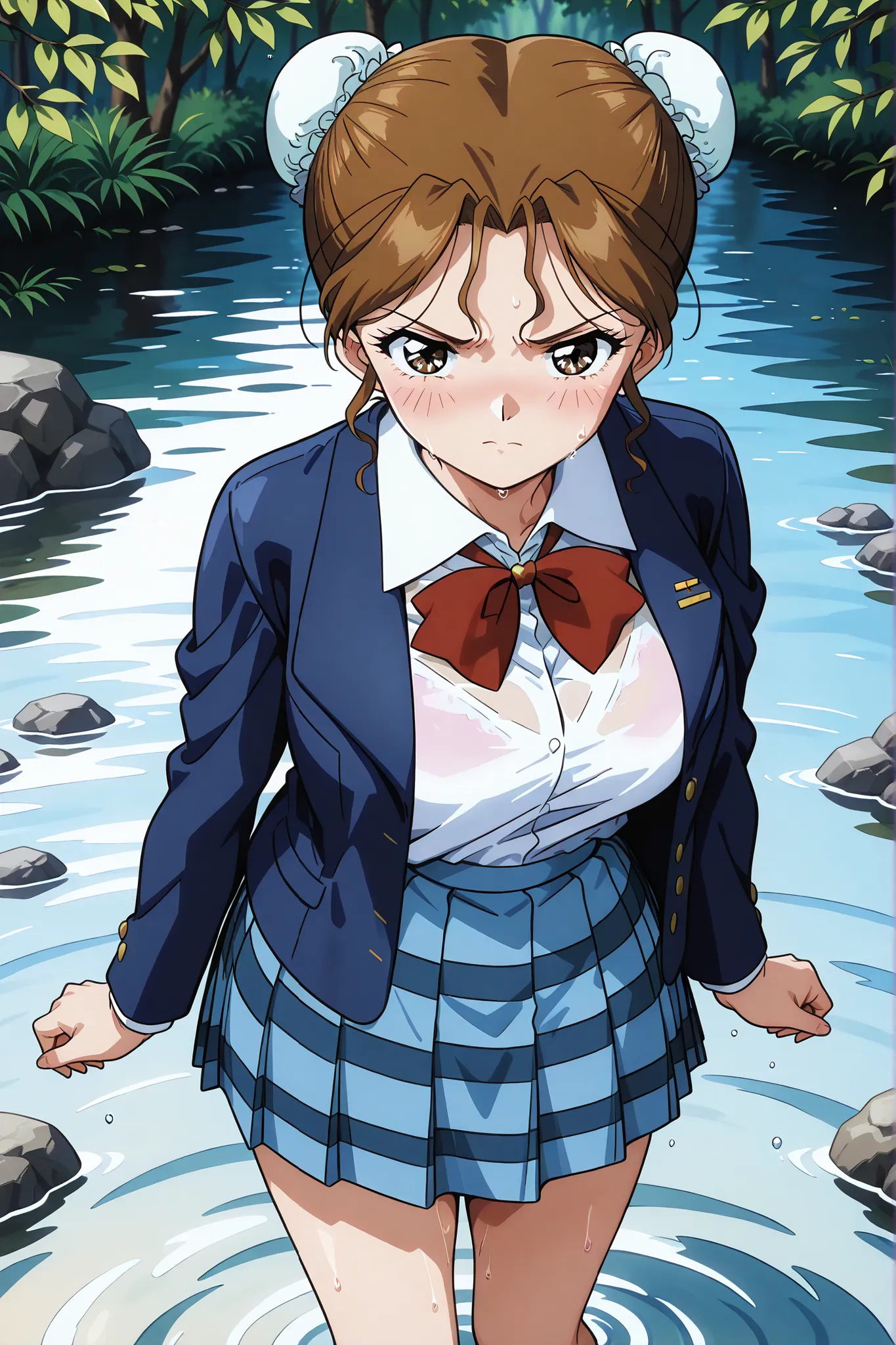 1girl,solo,masterpiece,best quality,general,sr5_akira,retro artstyle, brown eyes, brown hair, bun cover, school uniform, red bowtie, blazer, long sleeves, blue jacket, open jacket, white shirt, collared shirt, blue skirt, plaid skirt,standing,in pond,wet,s...