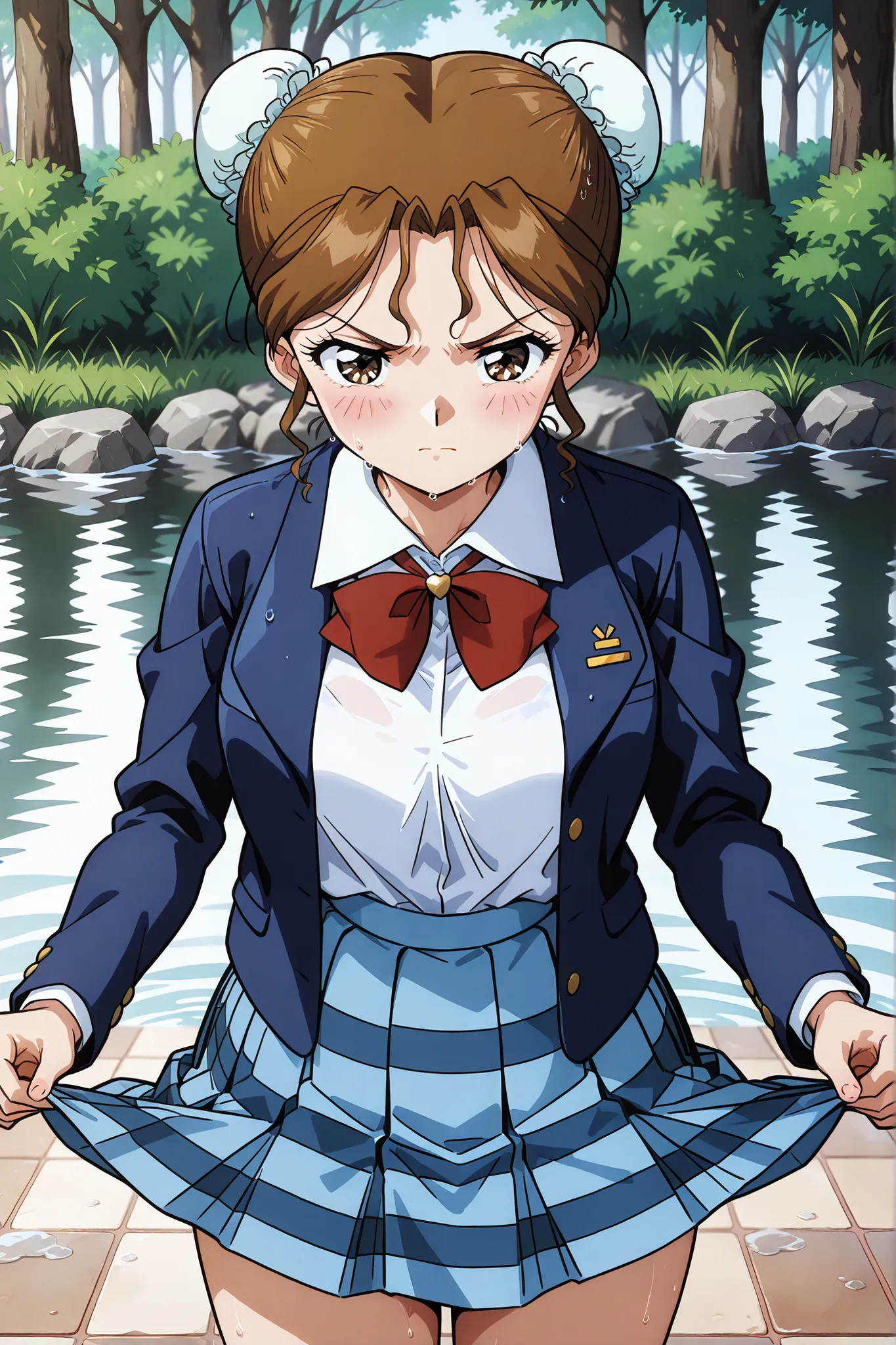 1girl,solo,masterpiece,best quality,general,sr5_akira,retro artstyle, brown eyes, brown hair, bun cover, school uniform, red bowtie, blazer, long sleeves, blue jacket, open jacket, white shirt, collared shirt, blue skirt, plaid skirt,standing,pond,wet,skir...