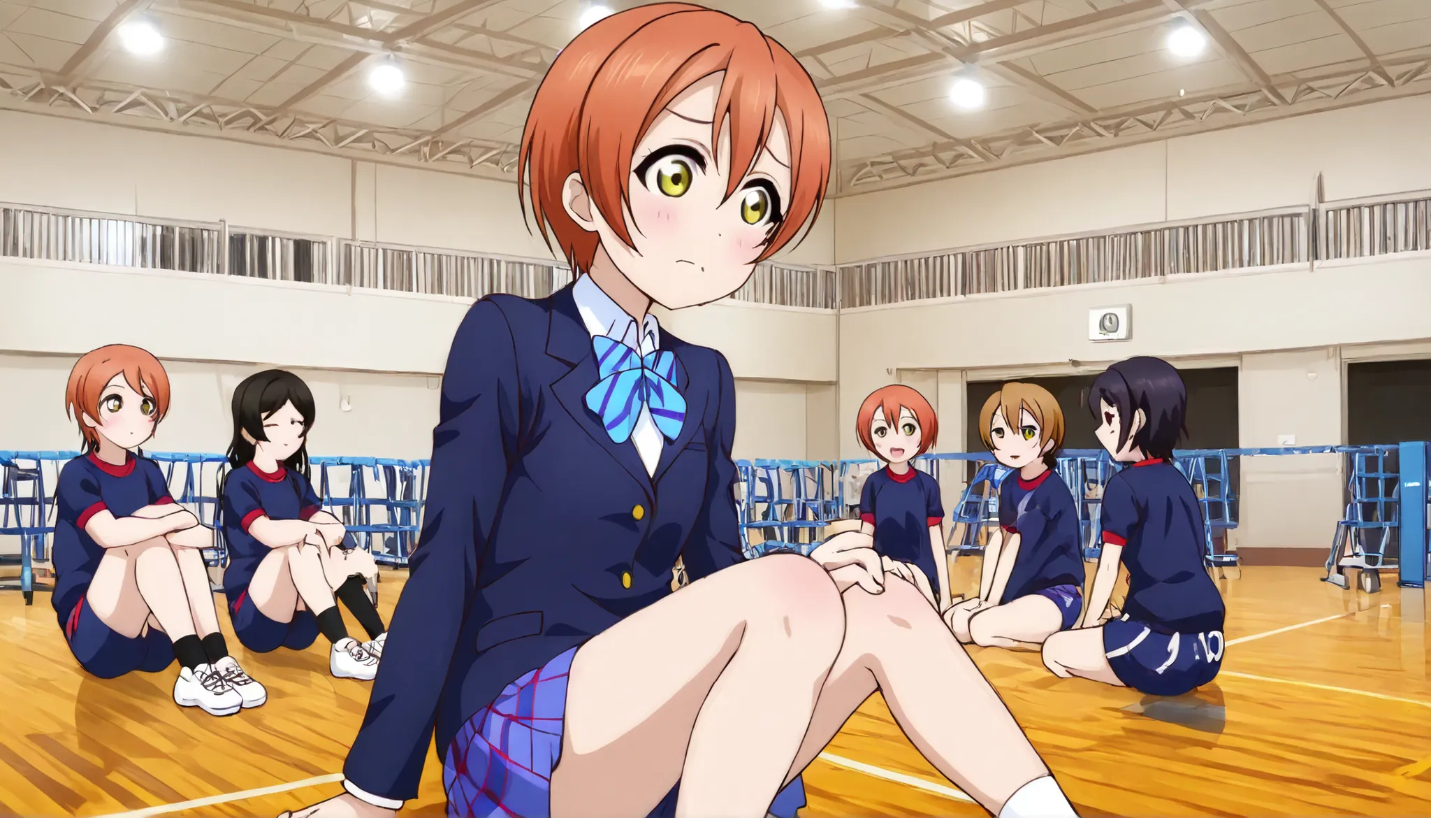 1girl,hoshizora rin, striped, short hair, blush, otonokizaka school uniform, lovelive_rin black blazer, blue plaid skirt, blue stripe bowtie, orange hair, very short hair, hair between eyes, yellow green eyes,sitting on the floor grasping one's knees (as i...