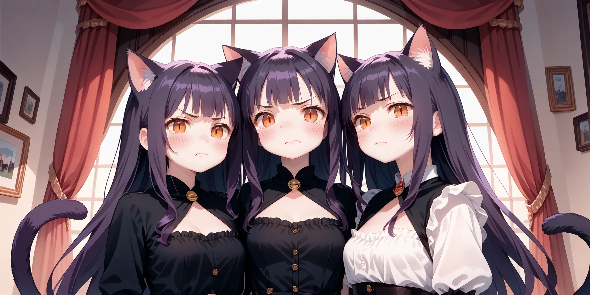 ((four identical cat girls with different emotions)), ((happy cat girl)), ((sad cat girl)), ((angry cat girl)), ((embarrassed cat girl)), (masterpiece), (beautiful), (detailed), ( masterfully ), [dark purple hair], [orange eyes], [Darling].