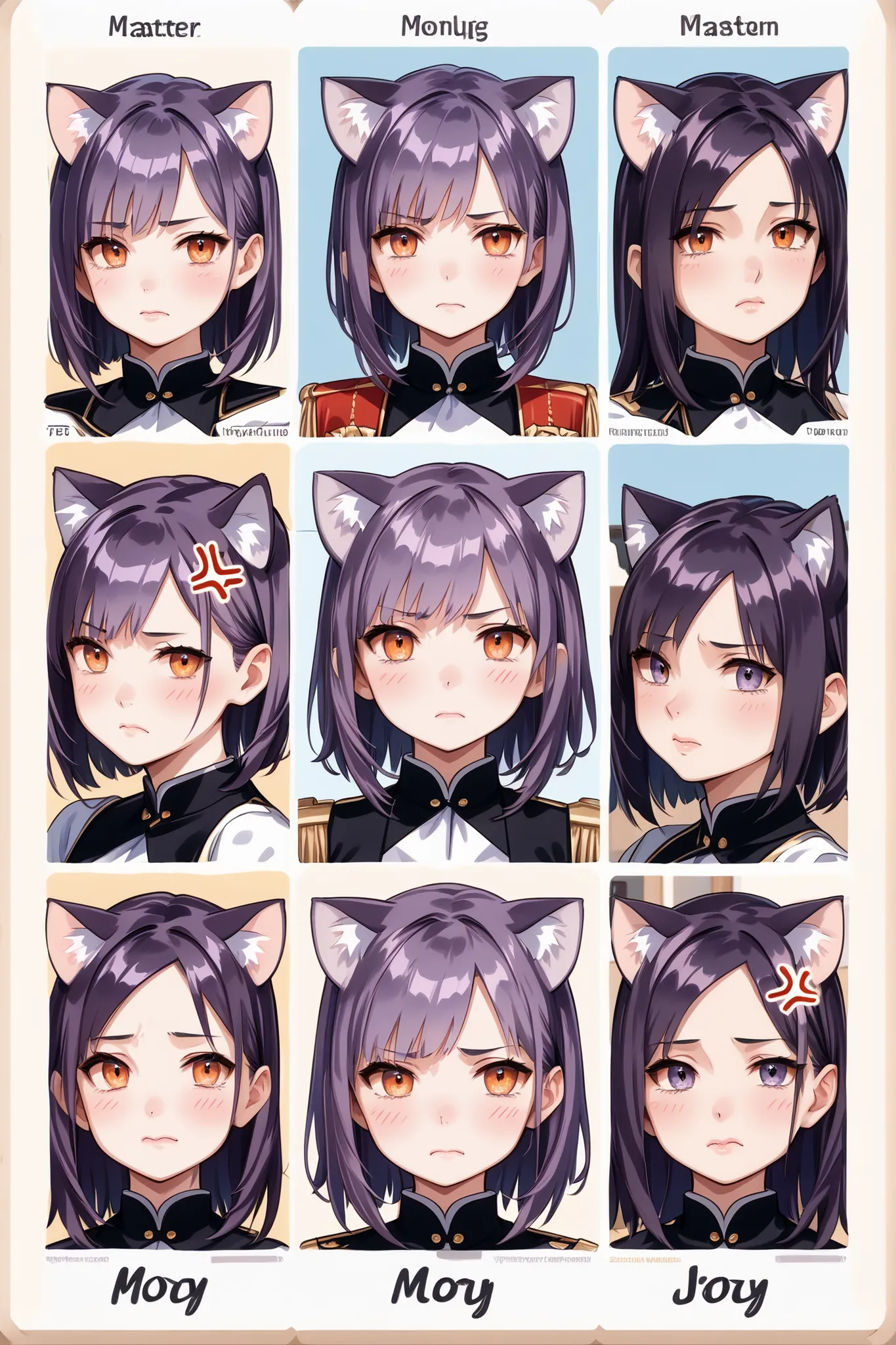 ((A collage of six pictures)), ((each picture has one unique non-recurring emotion: joy, sadness, embarrassment, excitement, timidity, anger)), (masterpiece), (beautiful), (detailed), ( masterfully ), cat girl, [dark purple hair], [orange eyes], [Darling].