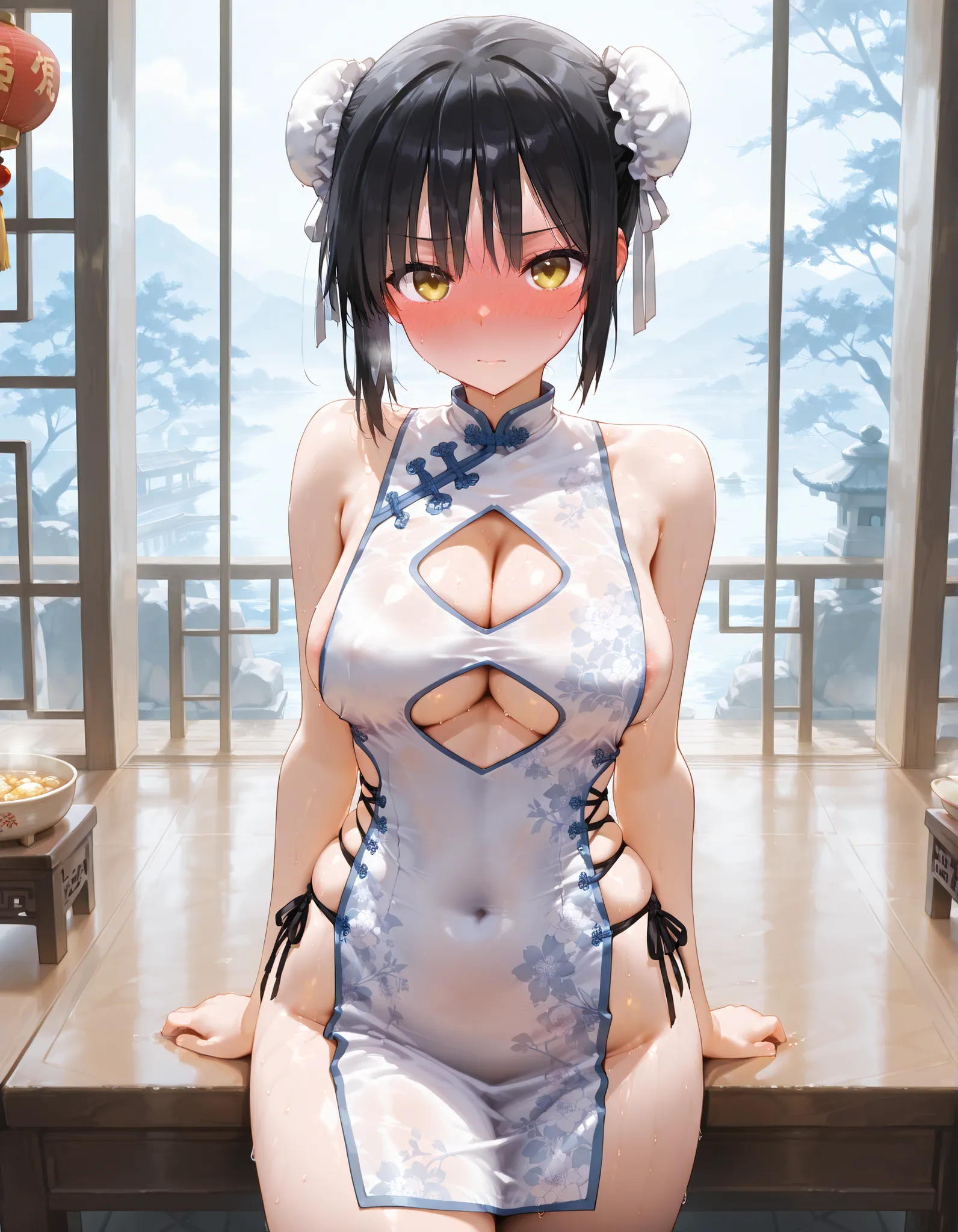 solo、Score_9, Score_8_UP, Score_7_UP, Score_6_UP, Score_5_UP, Score_4_UP, 最high quality, masterpiece, Super Detailed, high quality,

shiki natsume , 

Black hair , bungs ,   long hair、yellow eyes、

 white dress,china dress,chinese clothes, floral print,clo...