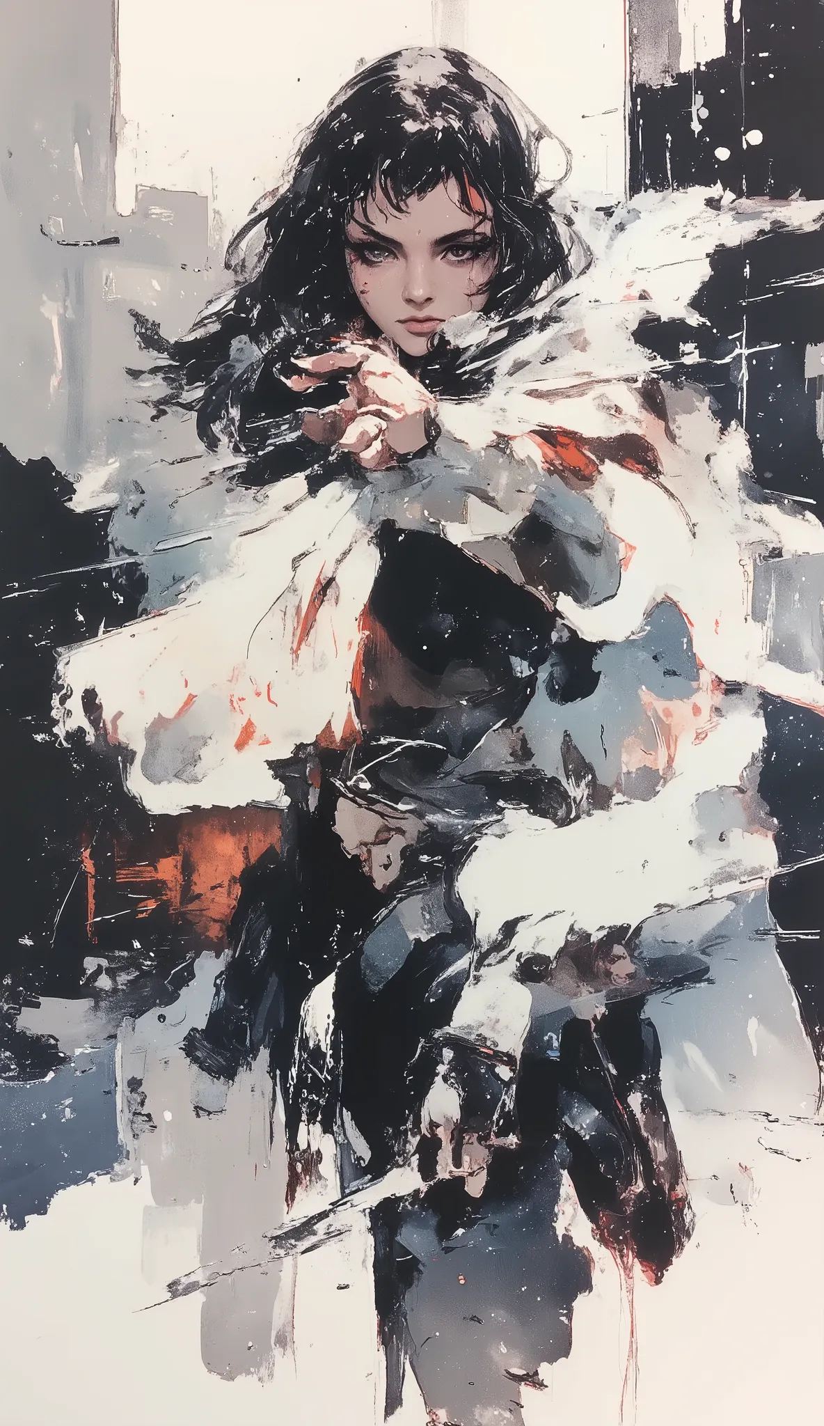 1 person、Ninja, Beautiful Japanese woman、Long Straight Hair、black hair、aligned bangs、dynamic pose、Action、Pocket Knife、black and white art , simple dressing, ArsMj style, Zen ink painting