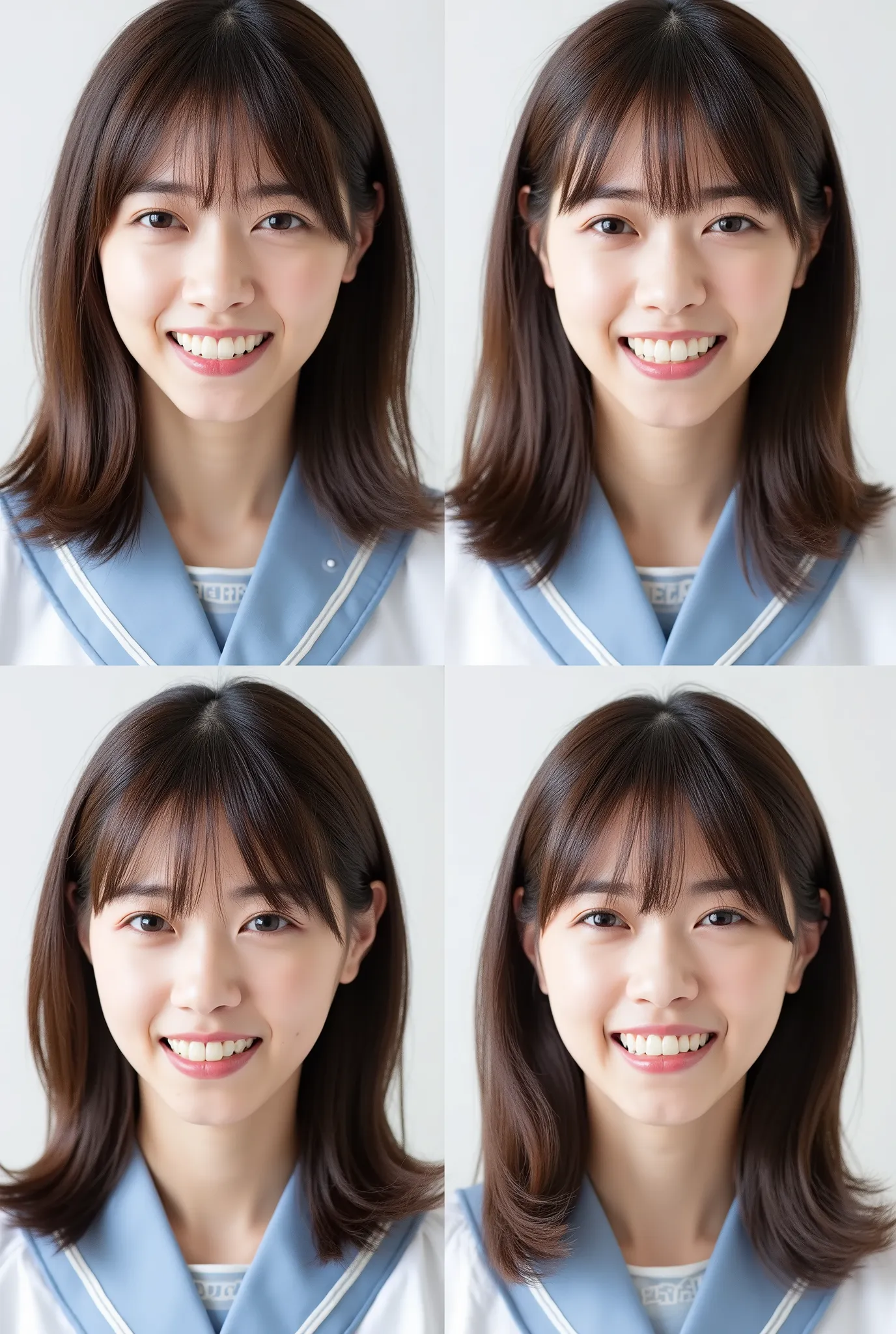 Create a realistic photograph of a beautiful Japanese female idol in a Nogizaka-style uniform. The image should be divided into four sections, each featuring a close-up of her face expressing different emotions: a smile, an angry face, a crying face, and a...