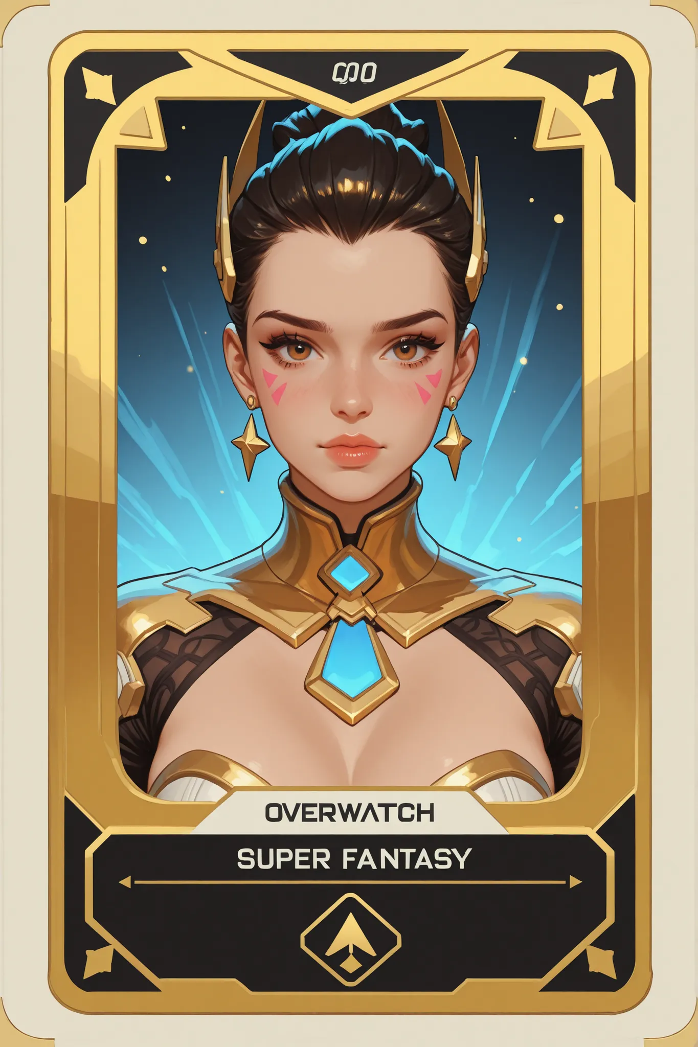 Ominious Mockup beautiful black & gold card game card (((with fantasy super detailed edges))), with a hyperrealist cute hot girl printed in Overwatch aesthetic and style