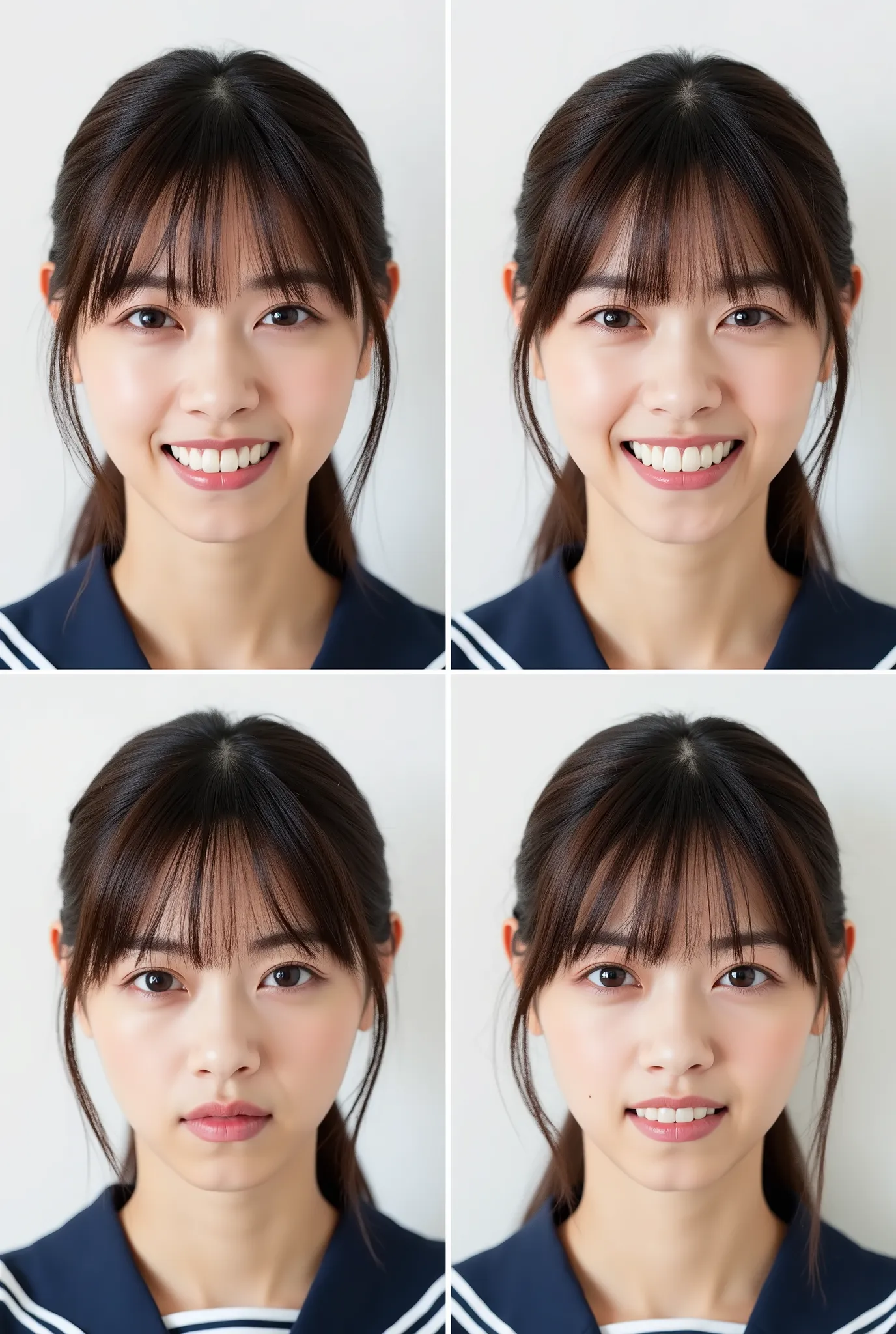 Create a realistic photograph of a beautiful Japanese female idol in a Nogizaka-style uniform. The image should be divided into four sections, each featuring a close-up of her face expressing different emotions: a smile, an angry face, a crying face, and a...