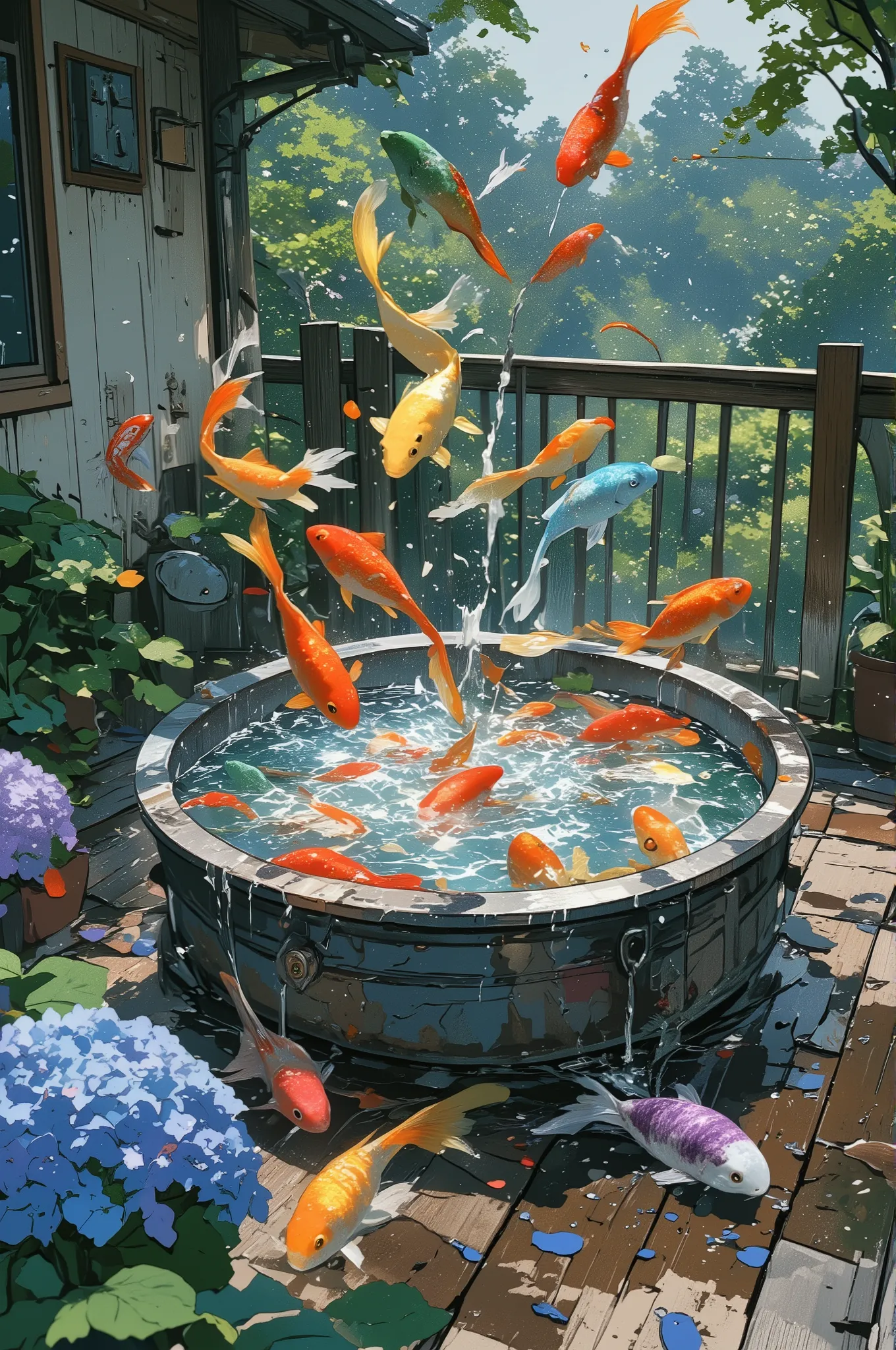 photo-realistic cinematic scene, a round metal basin overflowing with water on a damp wooden deck, several vividly colored goldfish—red, blue, green, yellow, orange, pink, and purple—are slipping out, some flopping on the ground, others mid-air in a surrea...