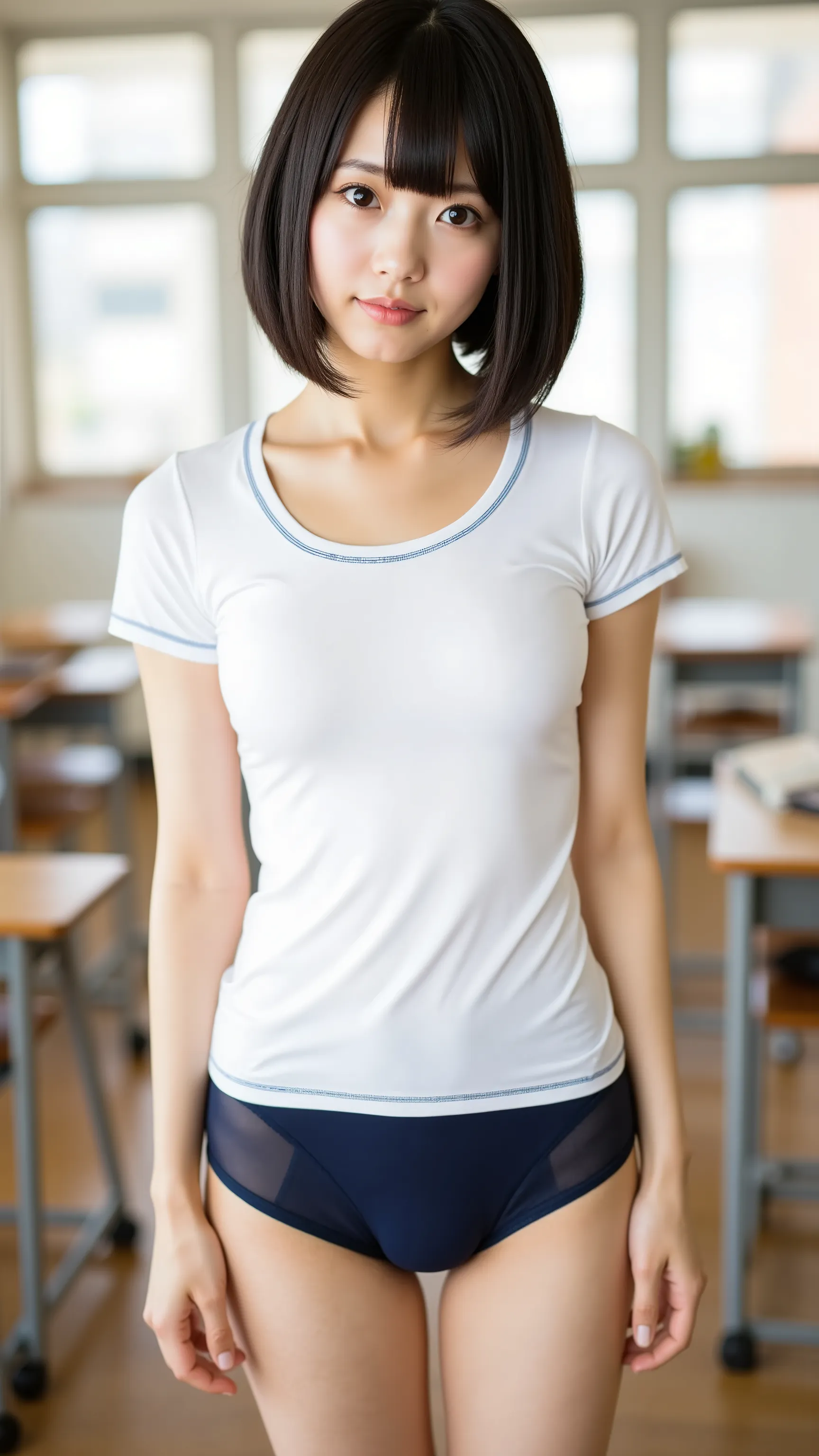 ((low angle shot,masterpiece,best image quality,photorealistic)), cute Japanese woman , big breasts, (Young woman),Shortcut Hairstyles,petite women,1 person,((Fitted Round Neck White Tee with Dark Blue Lines at the Neckline,Dark Blue Micro Panties,Dark blu...