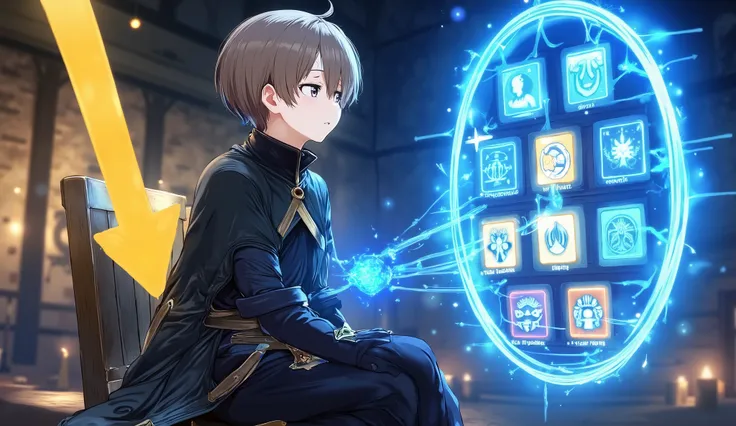 Anime scene in a dark magic dungeon. A young guy with short brown hair, dressed in a black high-collar cloak, sits on a wooden chair with his back to the viewer. In front of him, a holographic screen with six glows brightly square skill icons: "Mana Barrie...