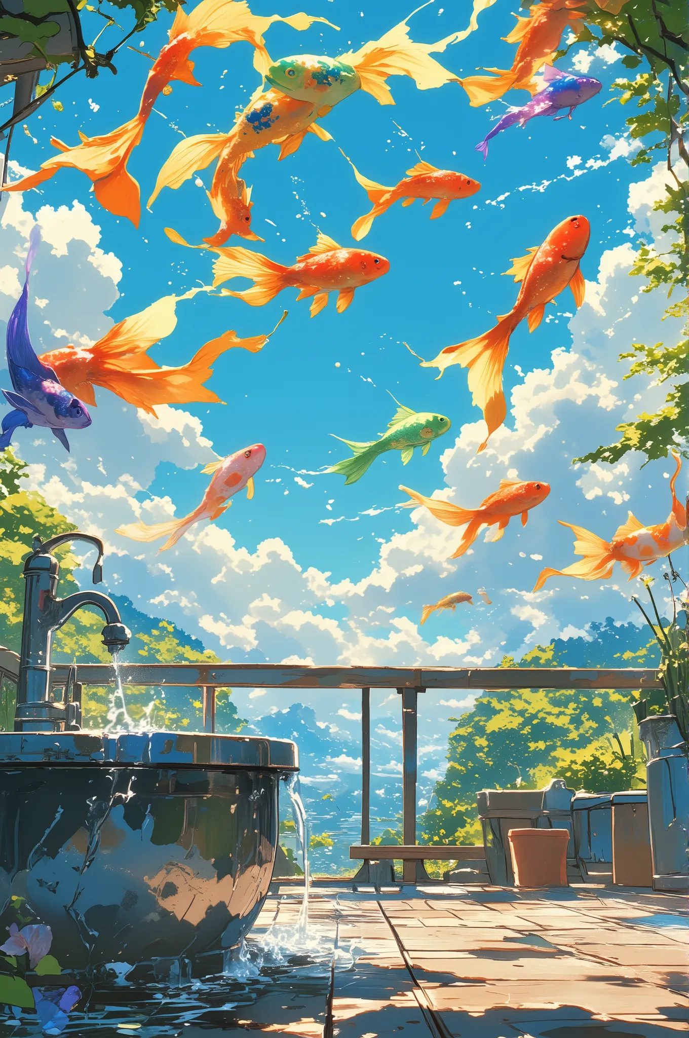 photo-realistic cinematic scene, several brightly colored goldfish—red, blue, green, yellow, orange, pink, and purple—are swimming gracefully through the sky as if it were water, their tails flowing like streamers, trails of mist or water droplets linger b...