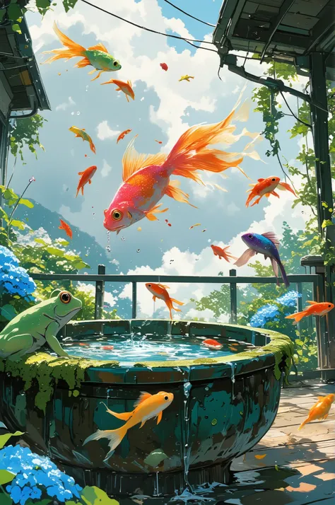 photo-realistic cinematic scene, a vividly colored goldfish—bright pink with flowing fins—is caught mid-air in the mouth of a small green frog perched beside a mossy basin, the frog’s tongue still partially extended, water droplets frozen in motion, the ot...