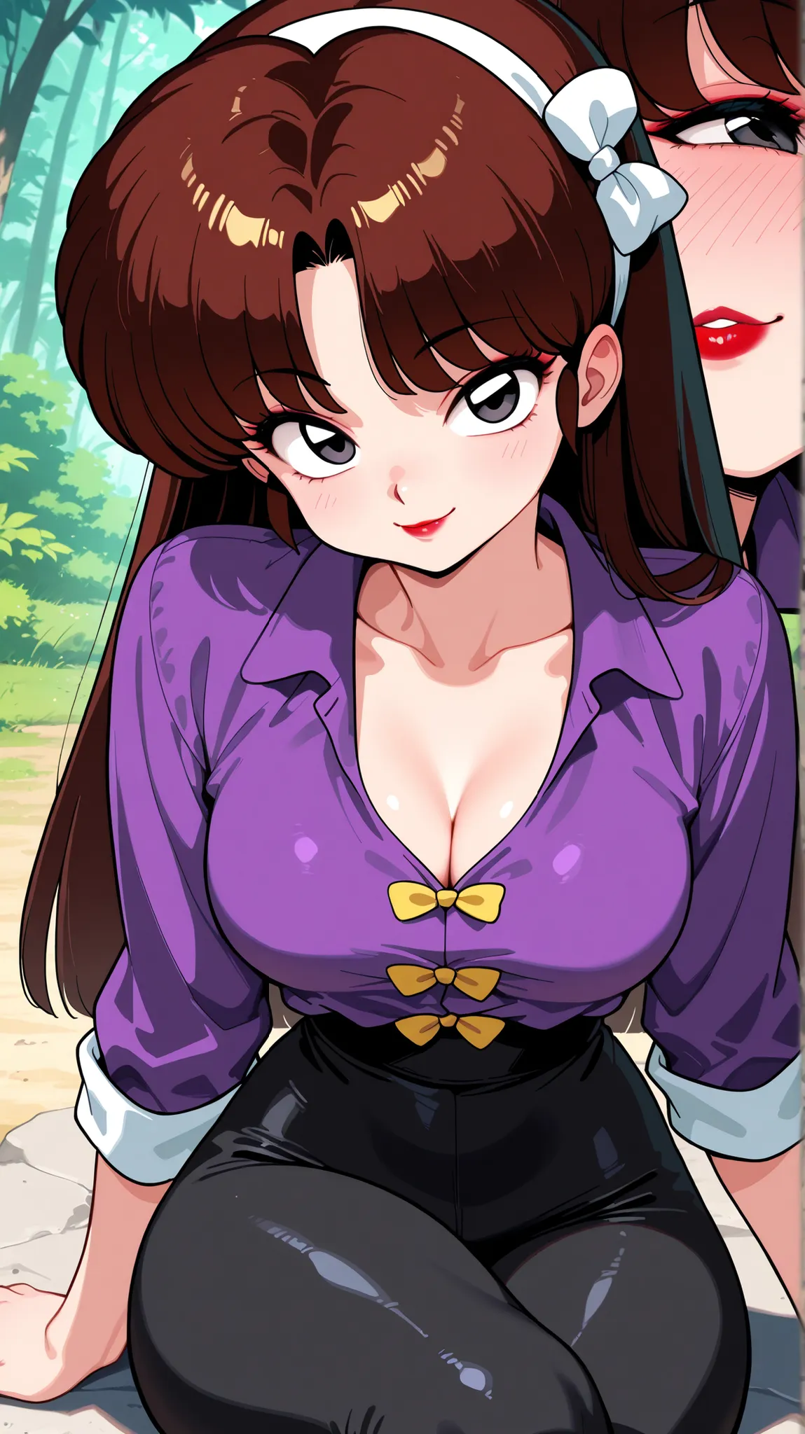 Ukio Kuonji / Ranma ½, in love, alone, medium breasts, contoured hips, dark brown hair, left-parted bangs, long hair, loose hair, large white bow headband, dark gray eyes, defined eyes, smile, tender, blushing, sexy pose, sitting, legs crossed, red lipstic...