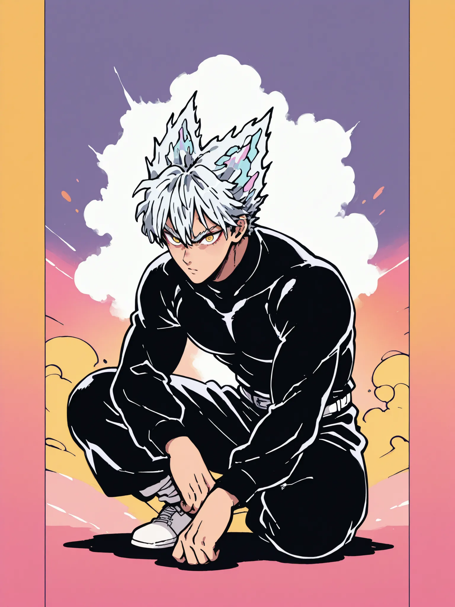 colorful back background with silver hair and yellow eyes based on a Demon Slayer illustration, gay, One Punch Man[garou]. Garou illustration, Scattering natural Garma perm, full body illustration