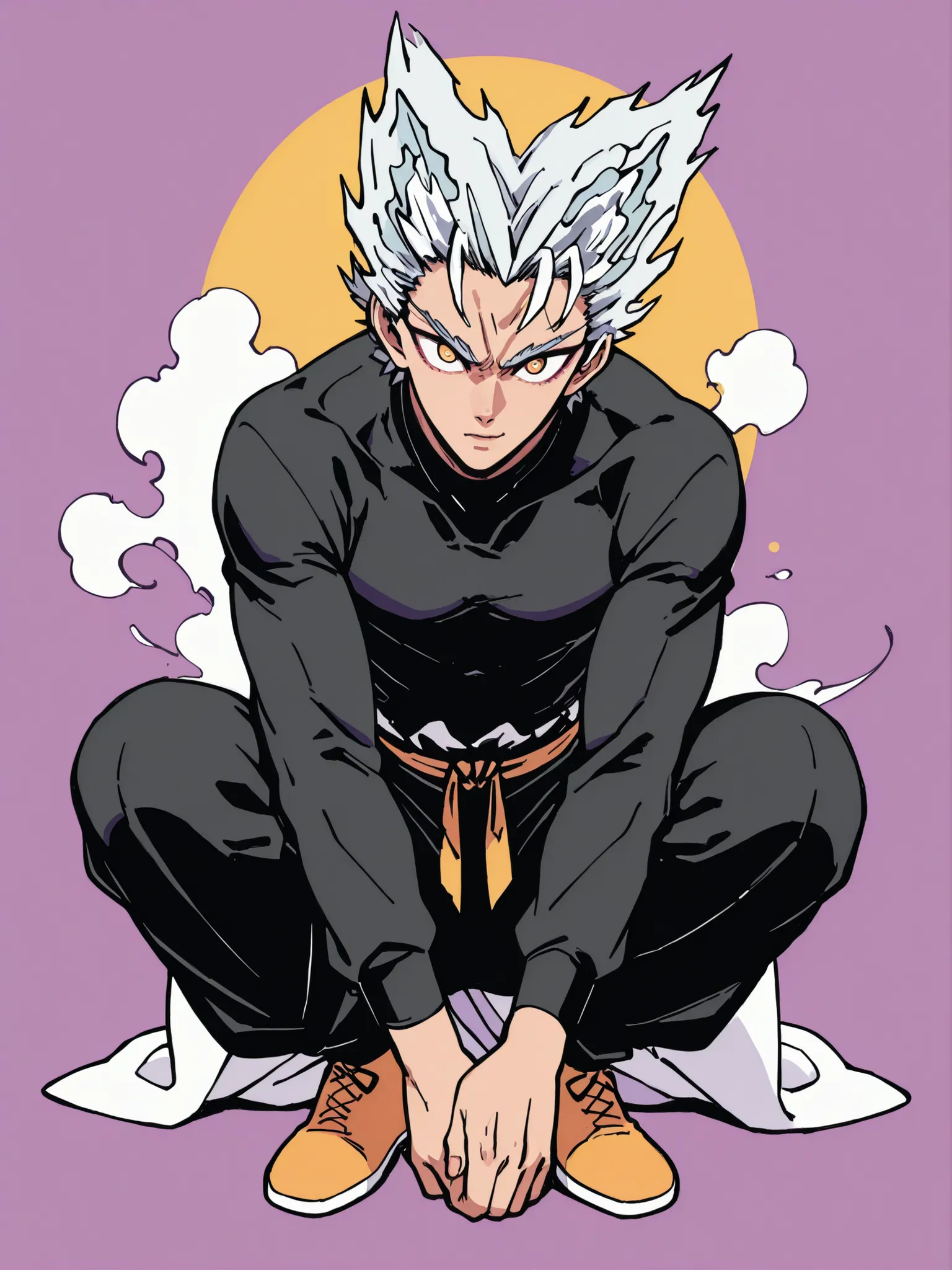colorful back background with silver hair and yellow eyes based on a Demon Slayer illustration, gay, One Punch Man[garou]. Garou illustration, Scattering natural Garma perm, full body illustration