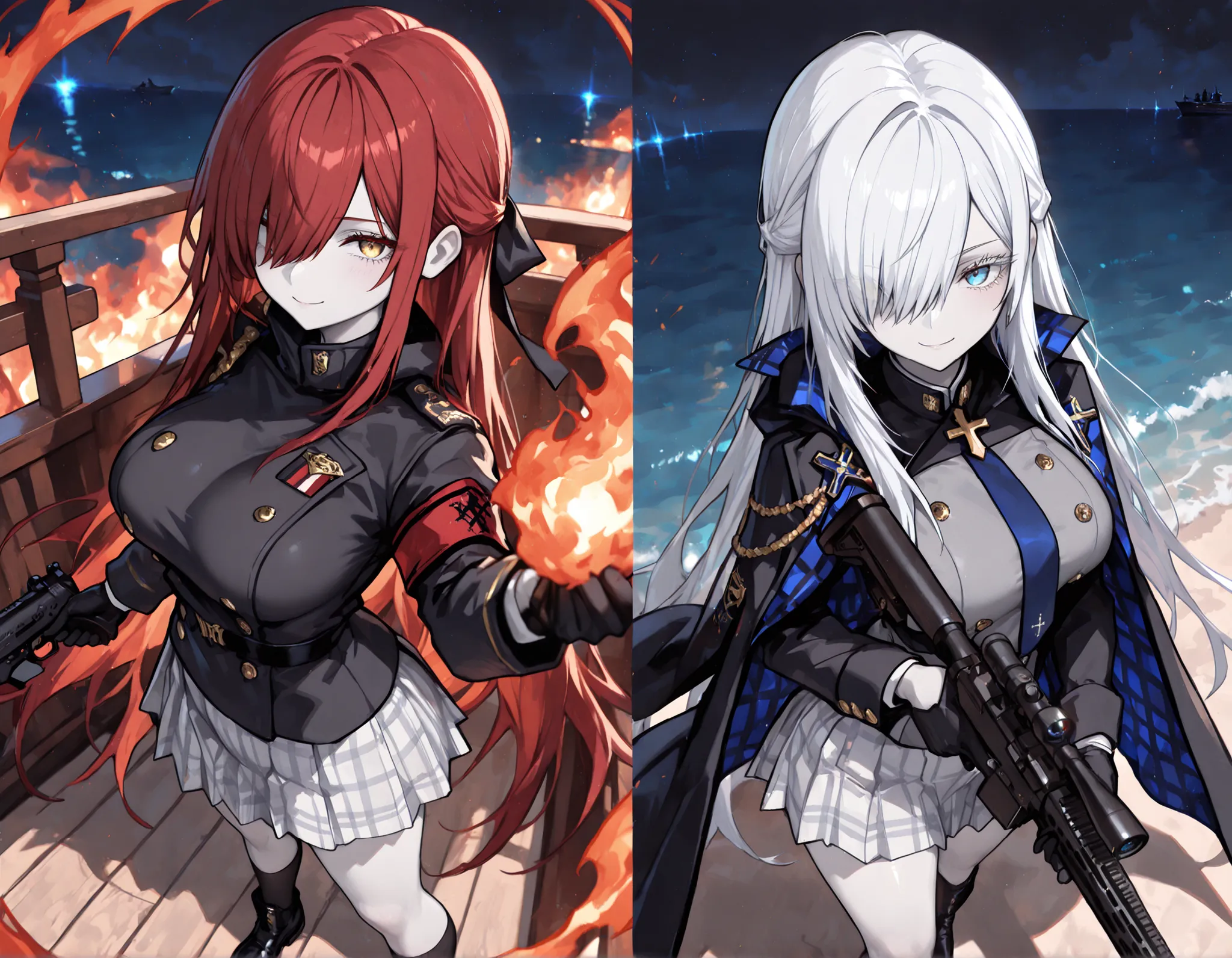 ((from above:2.5)),((from looking at view:2.5)),((4k,8k,Ultra HD))
Two girls with wearing Binocular Night Vision Device in posing while holding a Barrett M82 gun or a glowing fire coming in her hand with ample breasts under school uniform on the yacht in t...