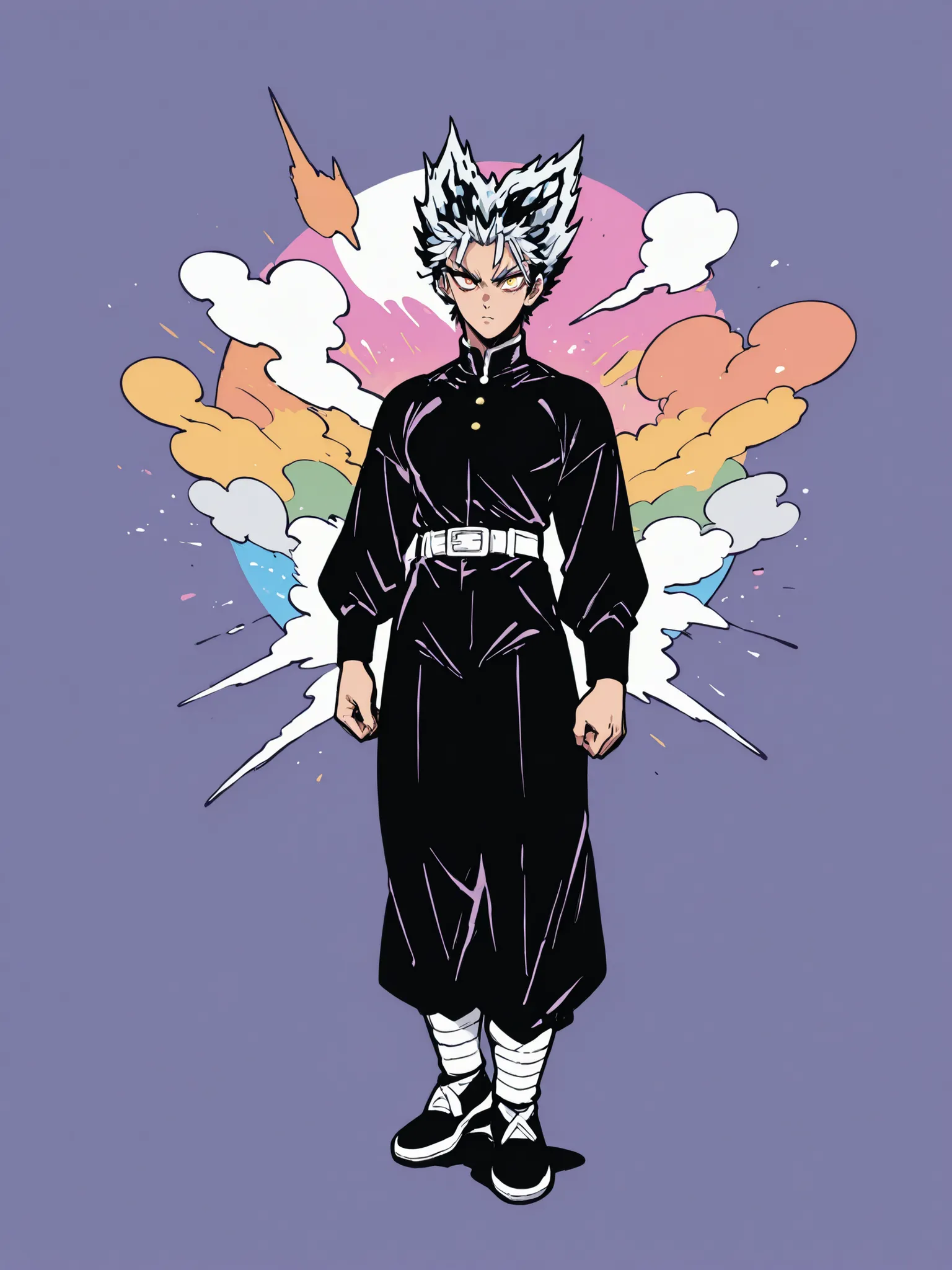 colorful back background with silver hair and yellow eyes based on a Demon Slayer illustration, gay, One Punch Man[garou]. Garou illustration, Scattering natural Garma perm, full body illustration