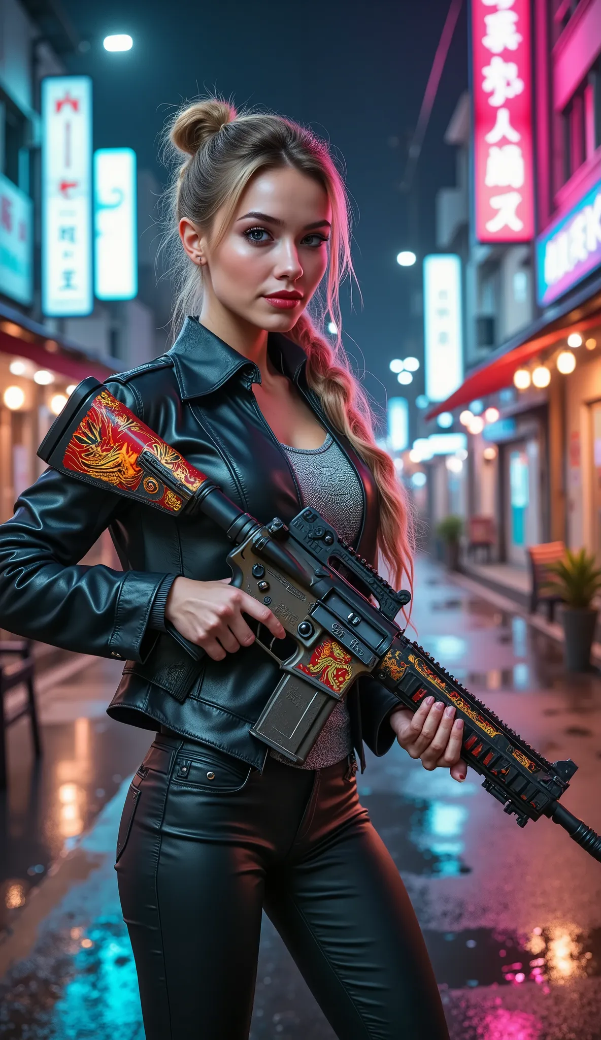  [Style: "Photorealistic, cinematic, cyberpunk"] (Key Directive: "Prioritize anatomical accuracy and material textures") { Character: "20-year-old Caucasian woman" | Face: "symmetrical, pale skin, full lips, red lipstick:1.15" | Eyes: "brown irises (hyper-...