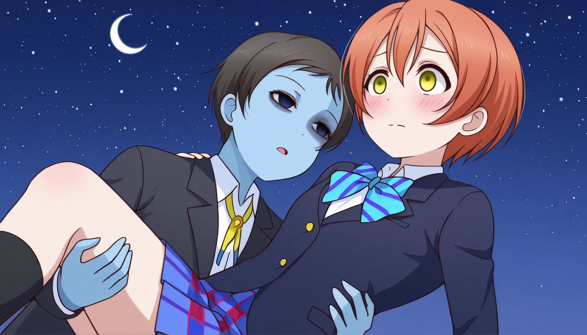 1girl, hoshizora rin, striped, short hair, blush, otonokizaka school uniform, lovelive_rin black blazer, blue plaid skirt, blue stripe bowtie, orange hair, very short hair, hair between eyes, yellow green eyes,knee up,crescent moon, stars (sky), blue face,...