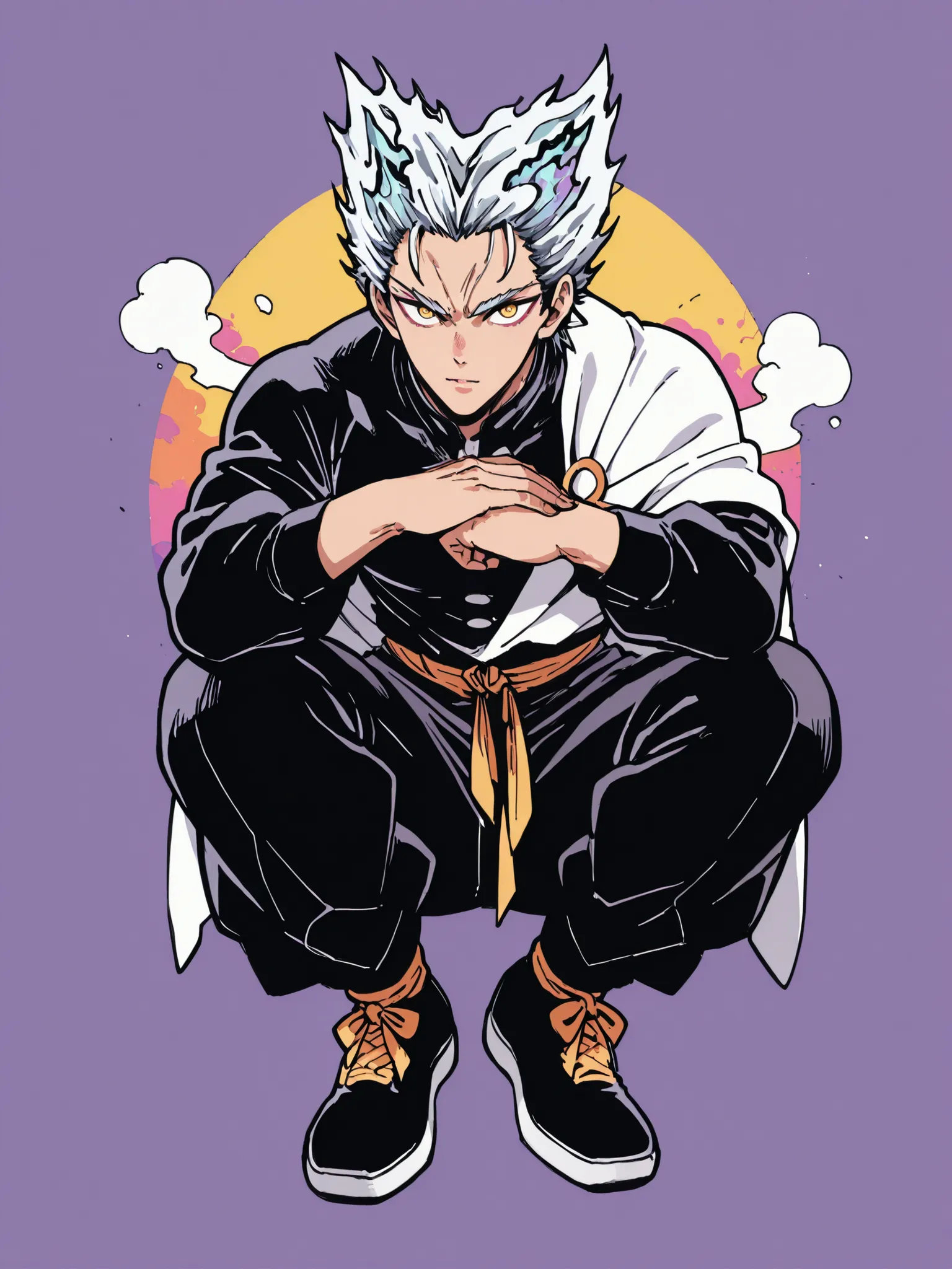 colorful back background with silver hair and yellow eyes based on a Demon Slayer illustration, gay, One Punch Man[garou]. Garou illustration, Scattering natural Garma perm, full body illustration