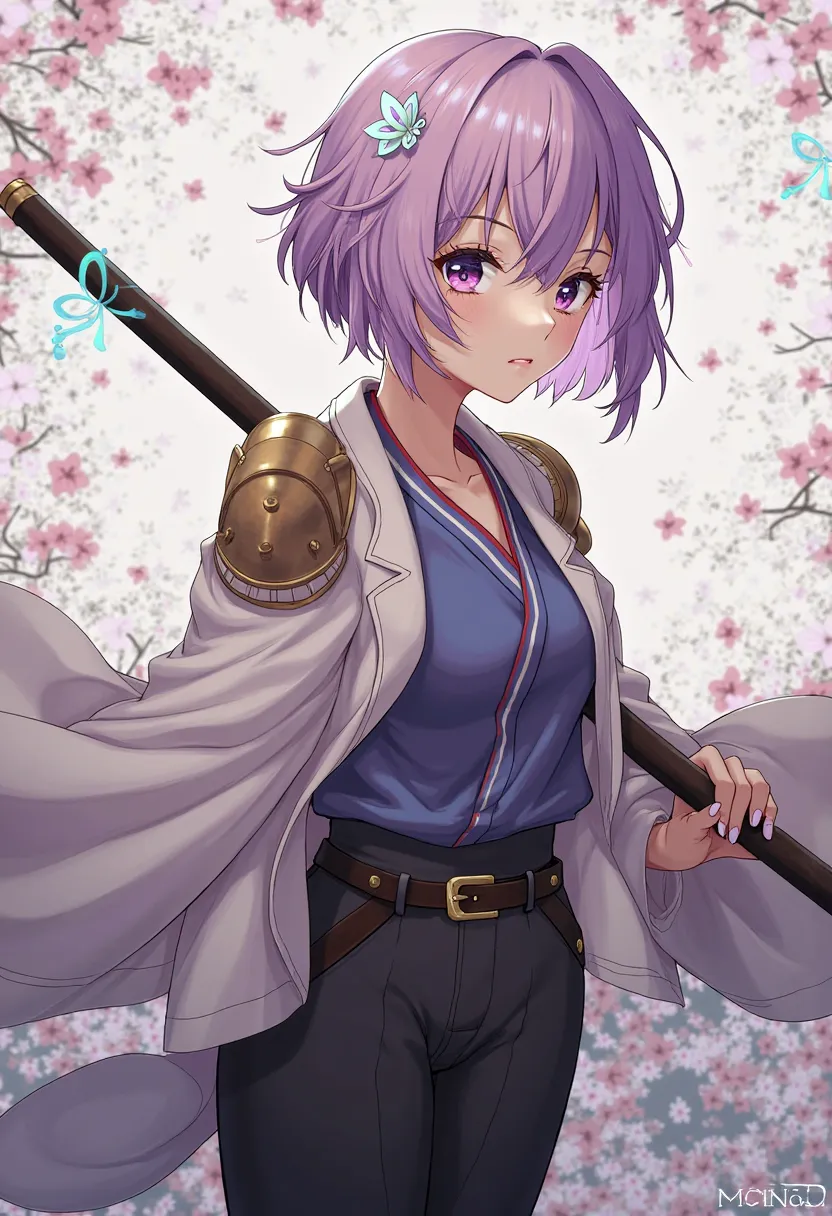 masterpiece , Top quality , high resolution , 1girl , solo , Kocho Shinobu , butterfly hair ornament , PURPLE EYES , multicolor hair , short hair , split bangs , Haori , wide sleeve , long sleeve , Black Pants , Black Jacket , belt ,  , cowboy shot , The side that has shoulder armor , Sword