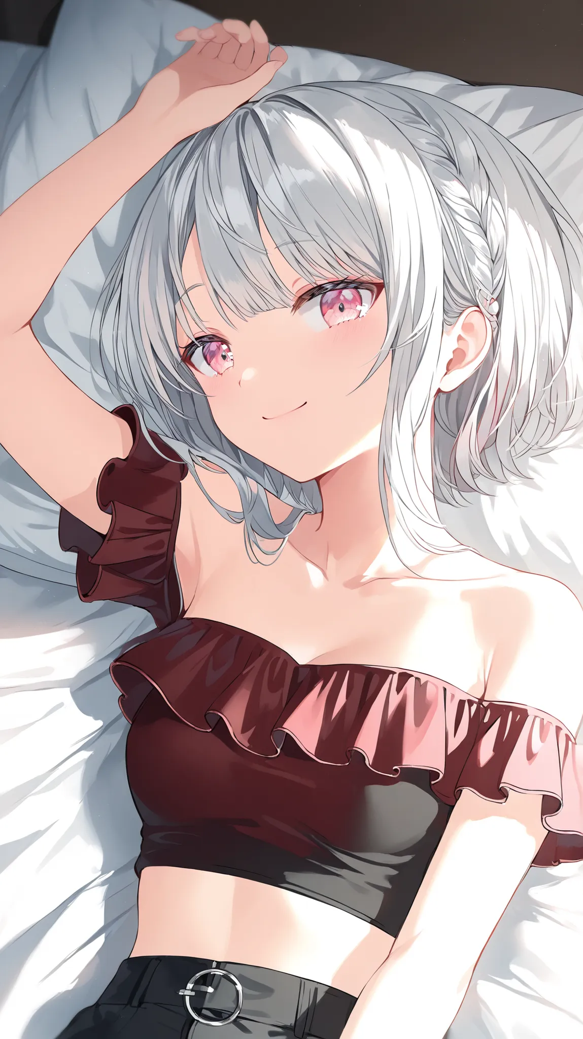 korean young woman, long silver hair with little bit of white hair made into elegant and cute hairstyle, light pink eyes, small round face, cute smile, small breasts, wearing dark red off-shoulder top and black jean shorts, background is her room of her ap...