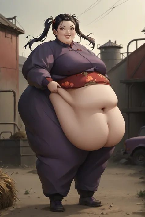 masterpiece, best quality, high resolution,1girl, solo, hay lin, purple cheongsam, purple jacket, large breasts, long hair, twin tails, black hair, dark skin, smiling, outdoors, wasteland, full body, cowboy shot