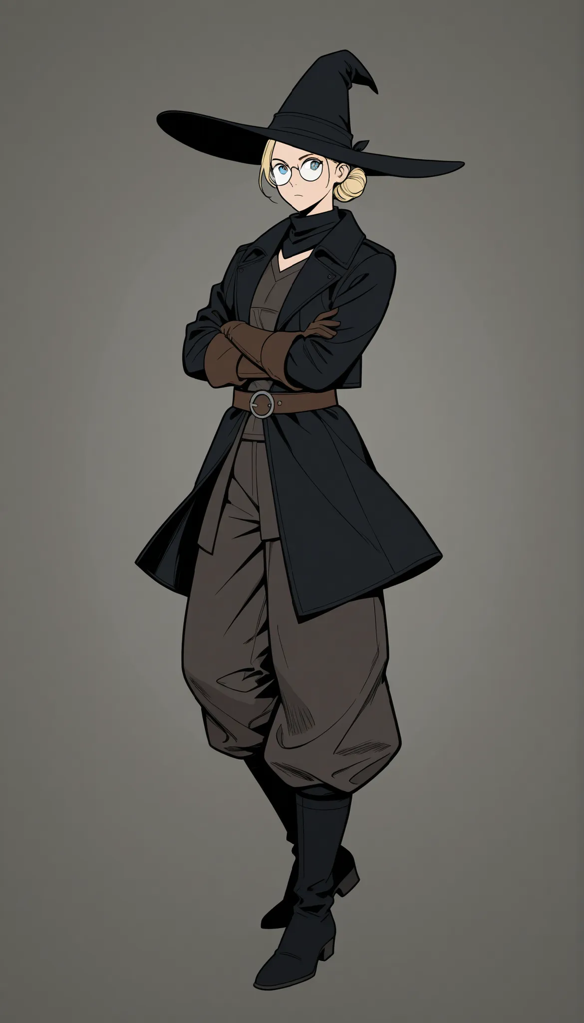 high quality photos ,very detailed illustration, high quality photos ,very detailed illustration, ( Woman 30 years old:1,7), (medieval clothing ,black jacket old, baggy pants black, witch hat, rounded glasses, black bandana, leather gloves :...