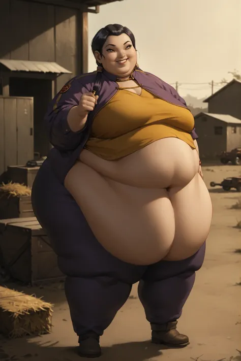 masterpiece, best quality, high resolution,1girl, solo, hay lin, purple cheongsam, purple jacket, large breasts, long hair, twin tails, black hair, dark skin, smiling, outdoors, wasteland, full body, cowboy shot