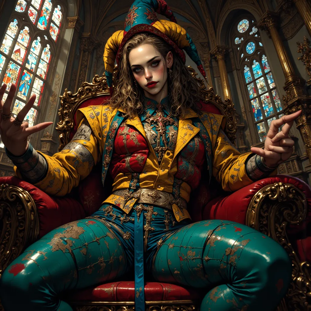 Exaggerated low-angle, ultra-detailed 4K cinematic portrait of a whimsical and pitiful male jester in a frayed, colorful Harley-style tight suit shredded and dirty in places. The suit highlight his sculpted Apollo body, sublimating the curves of his body, especially his crotch and torso. He's tall and muscular but his attitude is really shy and ingenuous. He appears clumsy, with legs awkwardly apart and pointing on the crotch in a confused gesture. His face is angular, somewhat unattractive, with a shy, embarrassed expression. A large jester's hat hides his eyes, and he looks toward the viewer with a worried, gentle demeanor. Emotional expression. Morning sunlight filters through stained glass palace windows, casting soft glimmers. Dramatic shading, vibrant colors, and intricate textures, dramatic shading, and a mystical, sacred atmosphere. sensual.