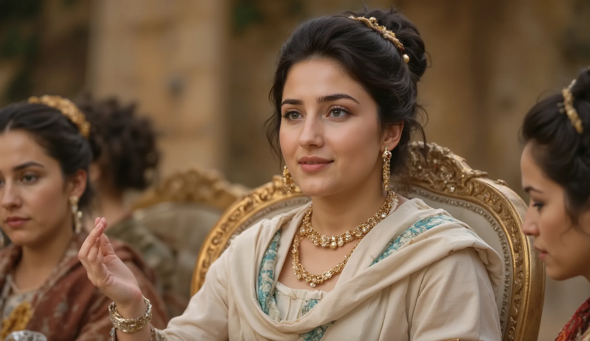 A young Roman aristocrat at a symposium, wearing a pristine white stole with turquoise accents and gold and pearl jewelry. She is reclining elegantly in a triclinium, a faint, knowing smile on her lips as she surveys the guests. Her green eyes sparkle with...