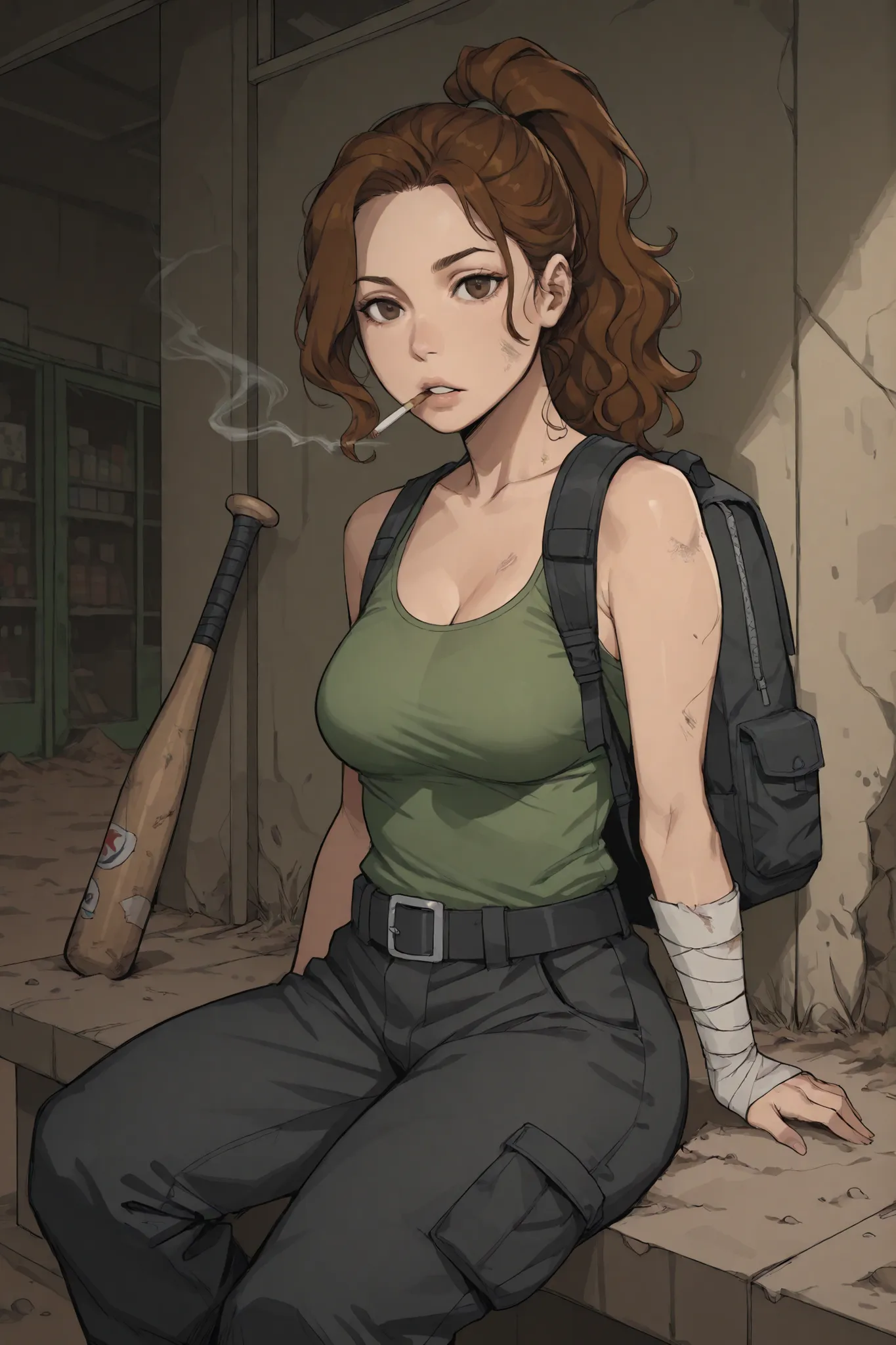 1 woman, walnut-brown hair, wavy hair, ponytail, voluptuous, medium breasts, moss green tank top, black cargo pants, backpack, bandages, black belt, a baseball bat, dirt, abandoned dark convenience store, look at viewer, parted lips, sitting, smoking, ciga...