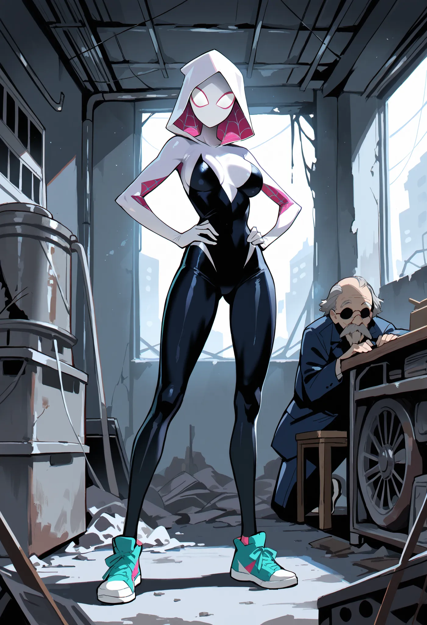 Masterpiece , best quality , Masterpiece , best quality , Spider Gwen , mask , body suit , skinny body , abdomen , big breasts , hands on hips.. , long legs , sneakers , 1 man , old man , huge , abandoned factory ,