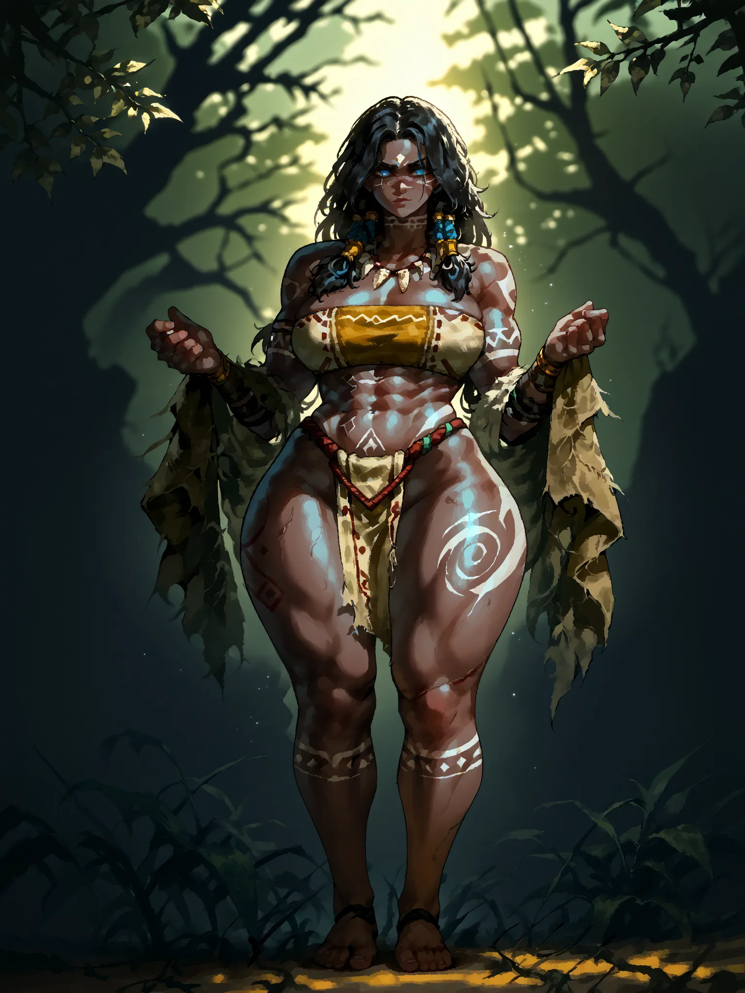 high quality, 1 girl, original tribal warrior girl, dark brown skin, extremely curvy and muscular body, large breasts, wide hips, thick thighs, full body tribal tattoos, long black dreadlocks, no accessories in hair, deep black color, glowing icy blue eyes...