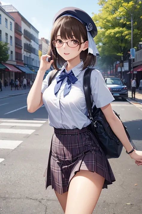 ((Top quality、masterpiece、high sensitivity、high definition、detailed depiction、Draw Delicate Faces、Ｆvalue：6.0),((Slender woman、wearing glasses)),tartan check wrap skirt、cropped short sleeve knit、Wearing a beret、Carrying a rucksack on your shoulders、 walking down the pedestrian crossing 、, ,,   ，， ,   ，,
. 、.,, 



 ,,  ,( masterpiece, best quality, high resolution, ultra high resolution, pixel perfect, depth of field, 4K, RTTX10.0), 、Anegasaki Nene, shiny brown hair, beautiful brown eyes, smiling face, sparkling pupils, (fine grain), , highly detailed face,, (masterpiece:1.2, best quality), ((only1 girl)), ((cowboy shot：1.5))