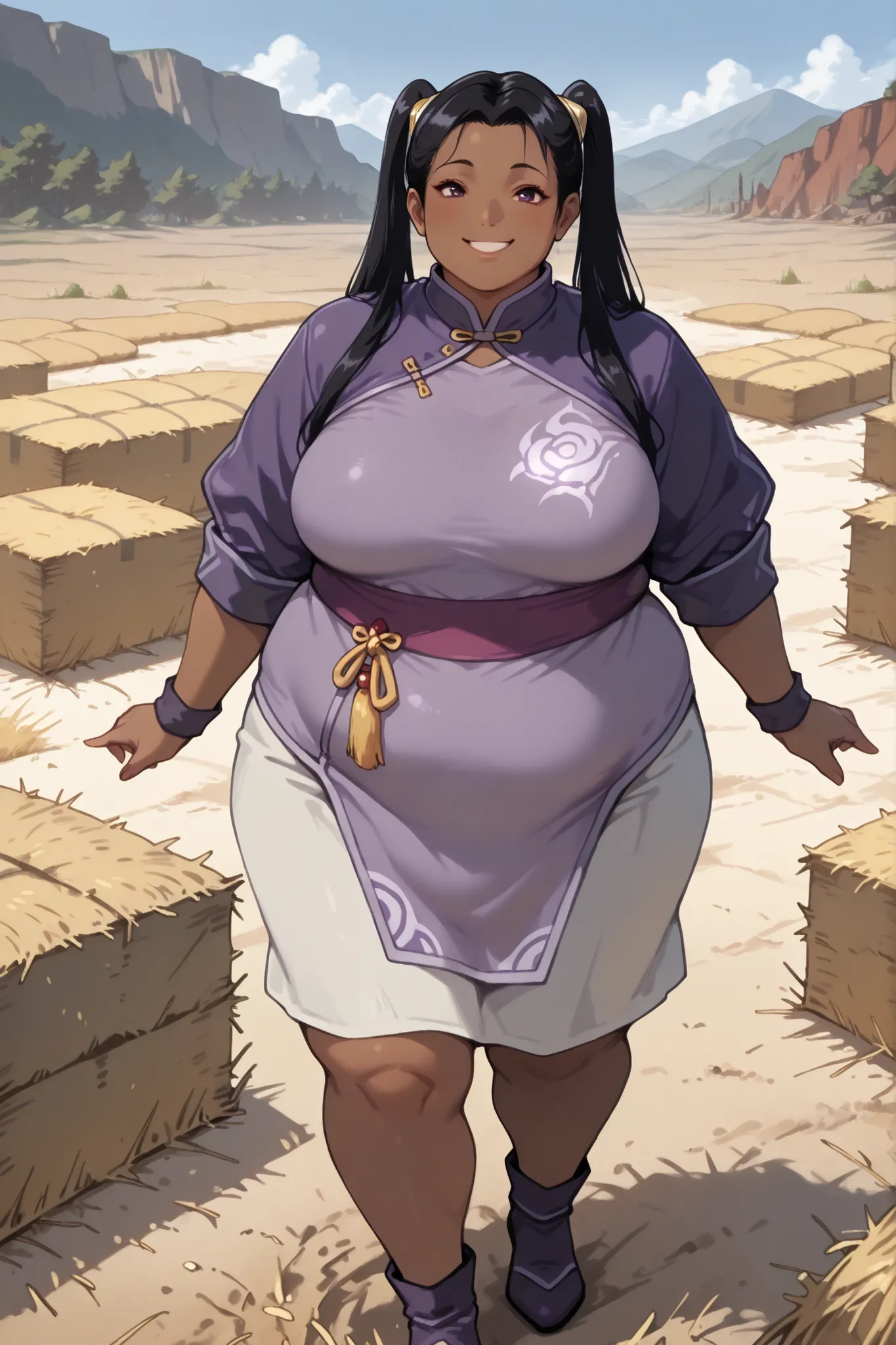 masterpiece, best quality, high resolution,1girl, solo, hay lin, purple cheongsam, purple jacket, large breasts, long hair, twin tails, black hair, dark skin, smiling, outdoors, wasteland, full body, cowboy shot