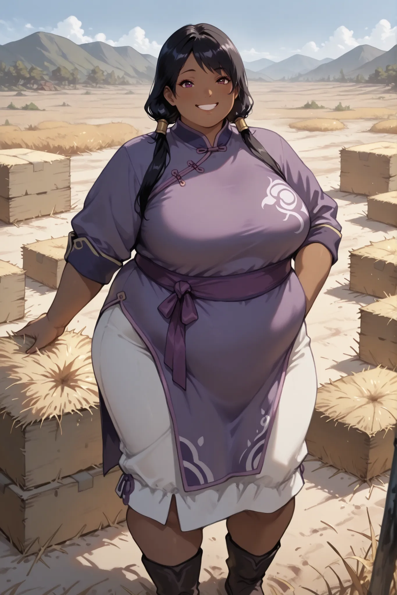 masterpiece, best quality, high resolution,1girl, solo, hay lin, purple cheongsam, purple jacket, large breasts, long hair, twin tails, black hair, dark skin, smiling, outdoors, wasteland, full body, cowboy shot