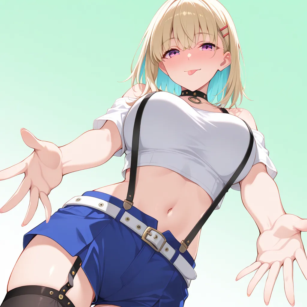 NSFW,thighhighs, blonde medium hair,blue inner hair,black suspenders, solo, garter_straps, purple_eyes, 1girl,hairclip, blue shorts, black_legwear,looking_at_viewer, full-face_blush,white_shirt, crop_top,short_sleeves, off-shoulder_shirt,white belt, midriff, navel, seductivesmile,bangs, eyebrows_visible_through_hair, bare_shoulders, tongue_out, suspender_shorts,black_choker, sidelocks,  o-ring, large breasts, Simple green background, {{{very aesthetic, best quality, intricate, extremely detailed CG, masterpiece,highest quality,high resolution, hyper-detailed, amazing quality, excellent,ultra-high resolution,hi-vision anime,parfect anatomy,well-proportioned eyes}}},reaching out,from below,