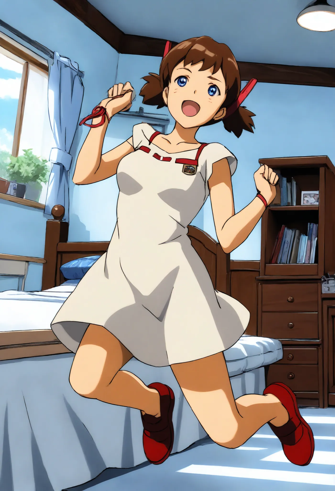  A mechanical mature lady is very short pigtails, brown hair, Hair tie with two red big red clothespins, android, blue eyes, anime picture. She wares only beige slip dress. She does not wares panty. She feels ecstasy. she laughs rough. angle from directly ...