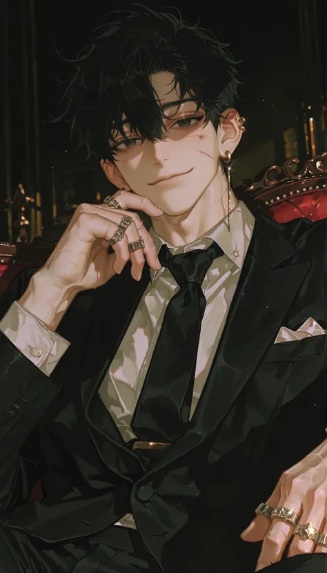 male, detailed brushwork, light-complexioned,masterpiece, best quality, very aesthetic, absurdres, safe, masterpiece, newest, absurdres, safe Solo, high detailed,male, Sexy male,Masculine male,Handsome Male,black hair, black eye, lots of earring,pierced ,...