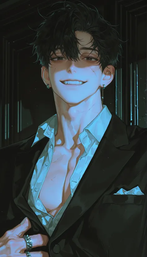 male, detailed brushwork, light-complexioned,masterpiece, best quality, very aesthetic, absurdres, safe, masterpiece, newest, absurdres, safe Solo, high detailed,male, Sexy male,Masculine male,Handsome Male,black hair, black eye, lots of earring,pierced ,...