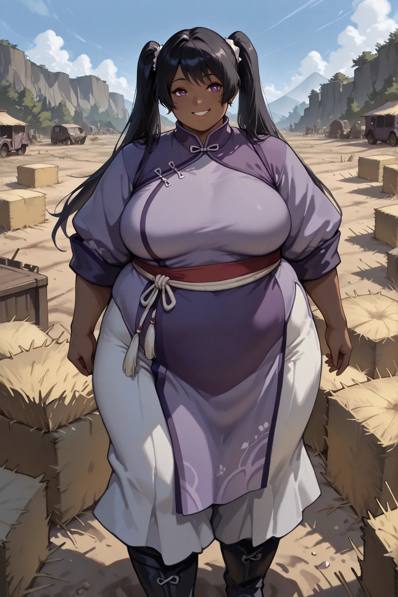masterpiece, best quality, high resolution,1girl, solo, hay lin, purple cheongsam, purple jacket, large breasts, long hair, twin tails, black hair, dark skin, smiling, outdoors, wasteland, full body, cowboy shot