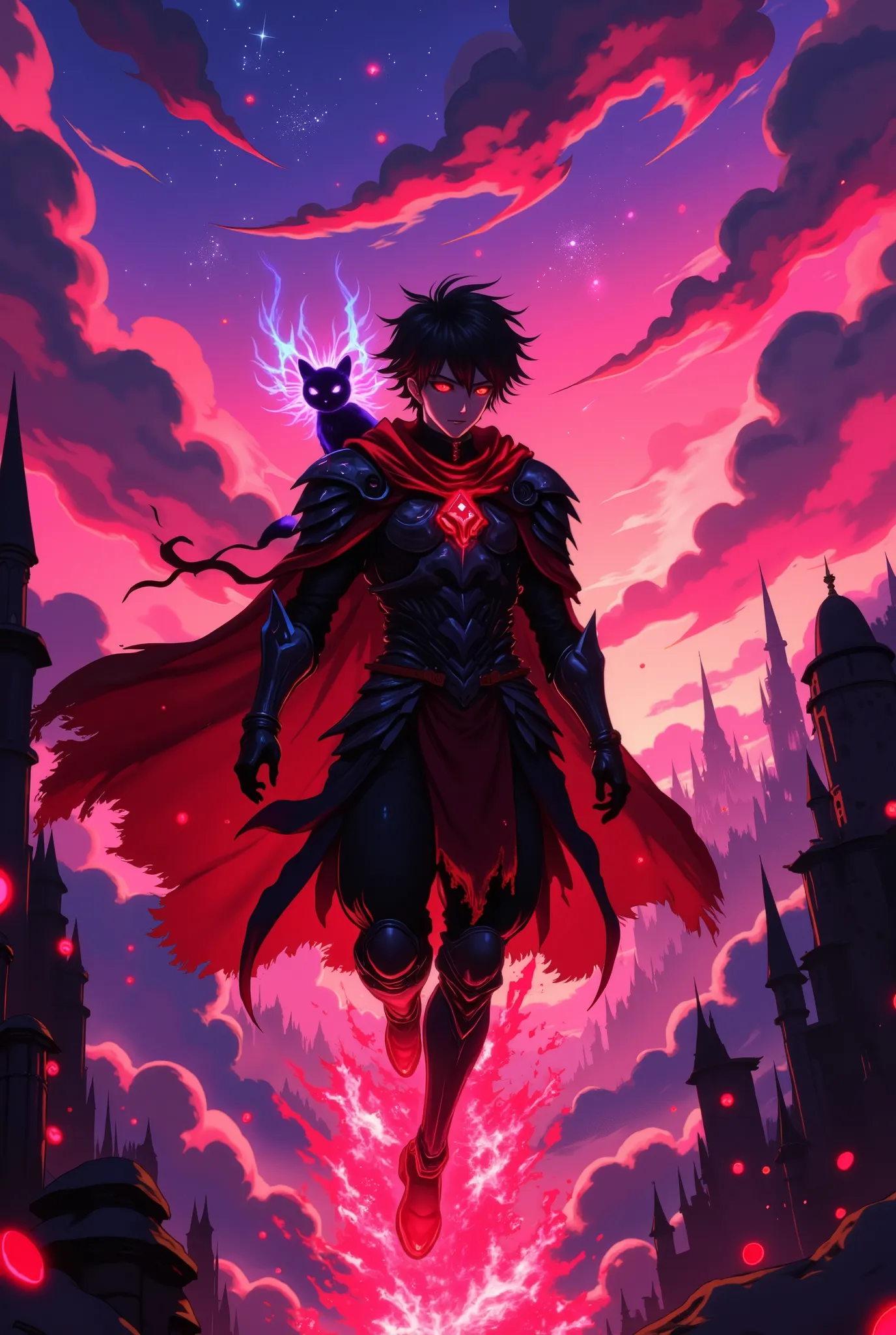 An ultra-detailed anime-style illustration in 4K resolution, depicting a fantasyland bathed in ethereal light. In the center, a young male hero with spiky dark hair, wearing a battle-worn cloak and enchanted armor with glowing crimson runes, floats mid-air...