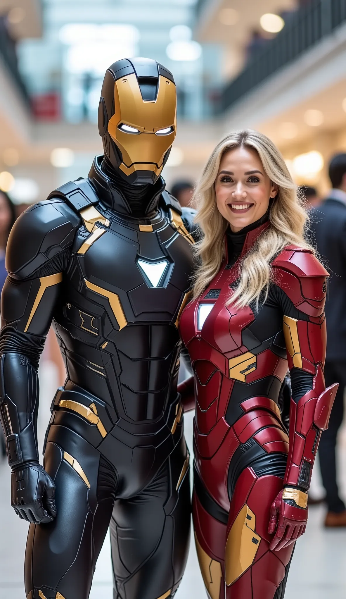 character: 1 man with mask full head Wearing futuristic ironman body suit , and 1 woman blonde hair Wearing futuristic Ironman body suit. Their facial skin is clean and white..
action: standing. They look at the camera.
Expression : smiling.
Backgroun...