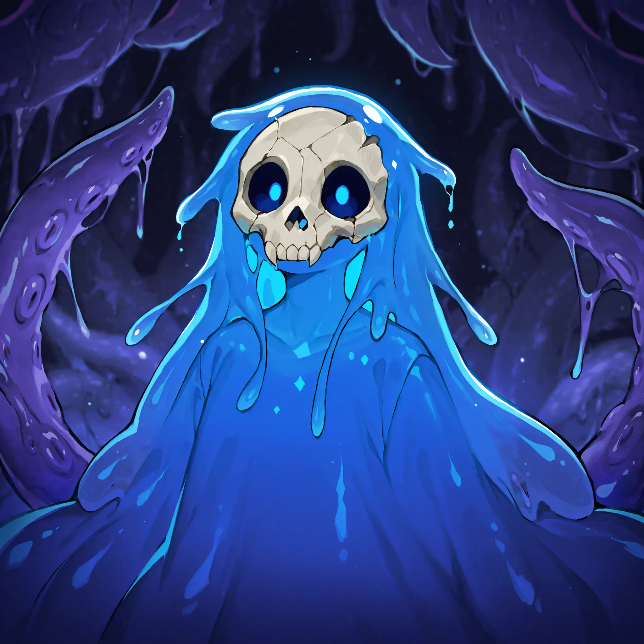 Slime: Imagine a feminine Slime with a gelatinous shape, but more defined, of a brilliant turquoise blue tone that reflects light. Body is fluid and malleable, but maintains a humanoid figure, Androgyny, anthro, skull face, crow mask on side of the head, t...