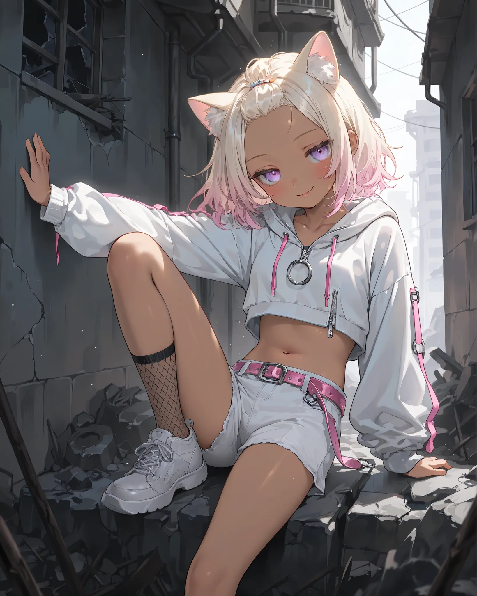 ((Masterpiece)), ((best quality, very aesthetic, absurdres, newest)), (wide shot, from side), (8K), (cinematic lighting), ((1girl)), (cute young girl), (Healthy body, Textured skin, small breast, tilt head), (brown-skin)), (Pale blonde hair, gradient hair,...